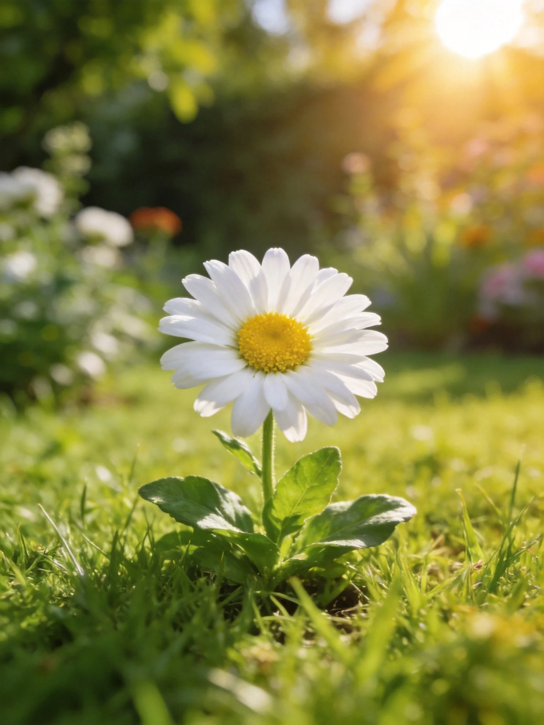 Single white daisy blooms in sunlit grassy garden