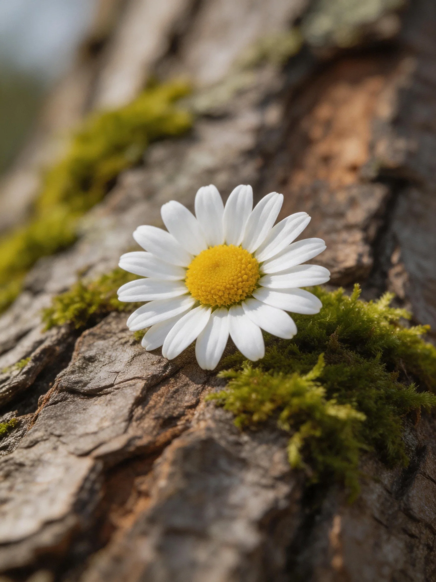 Single white daisy on textured tree bark with green moss