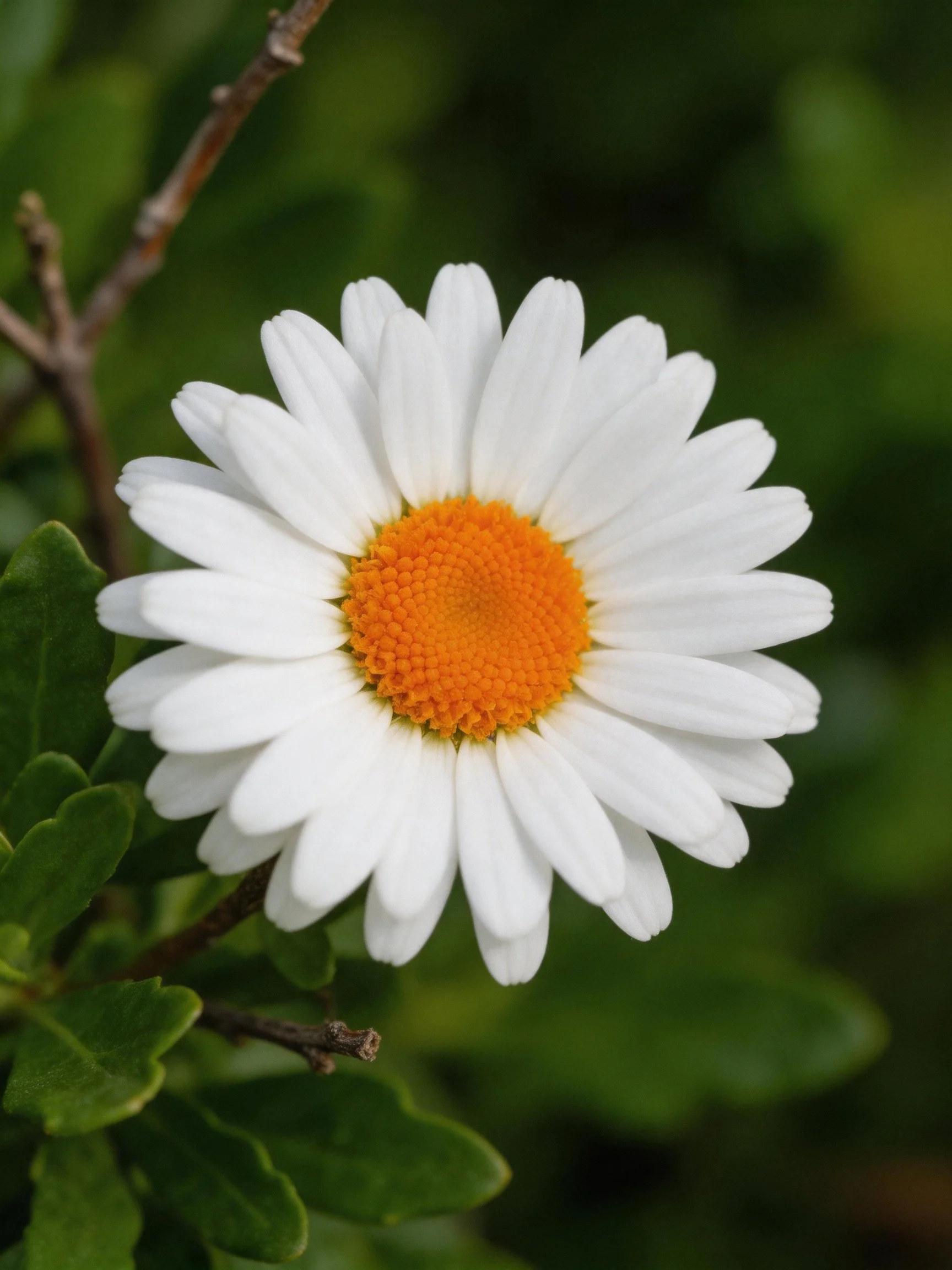 Single white daisy with bright orange center among greenery