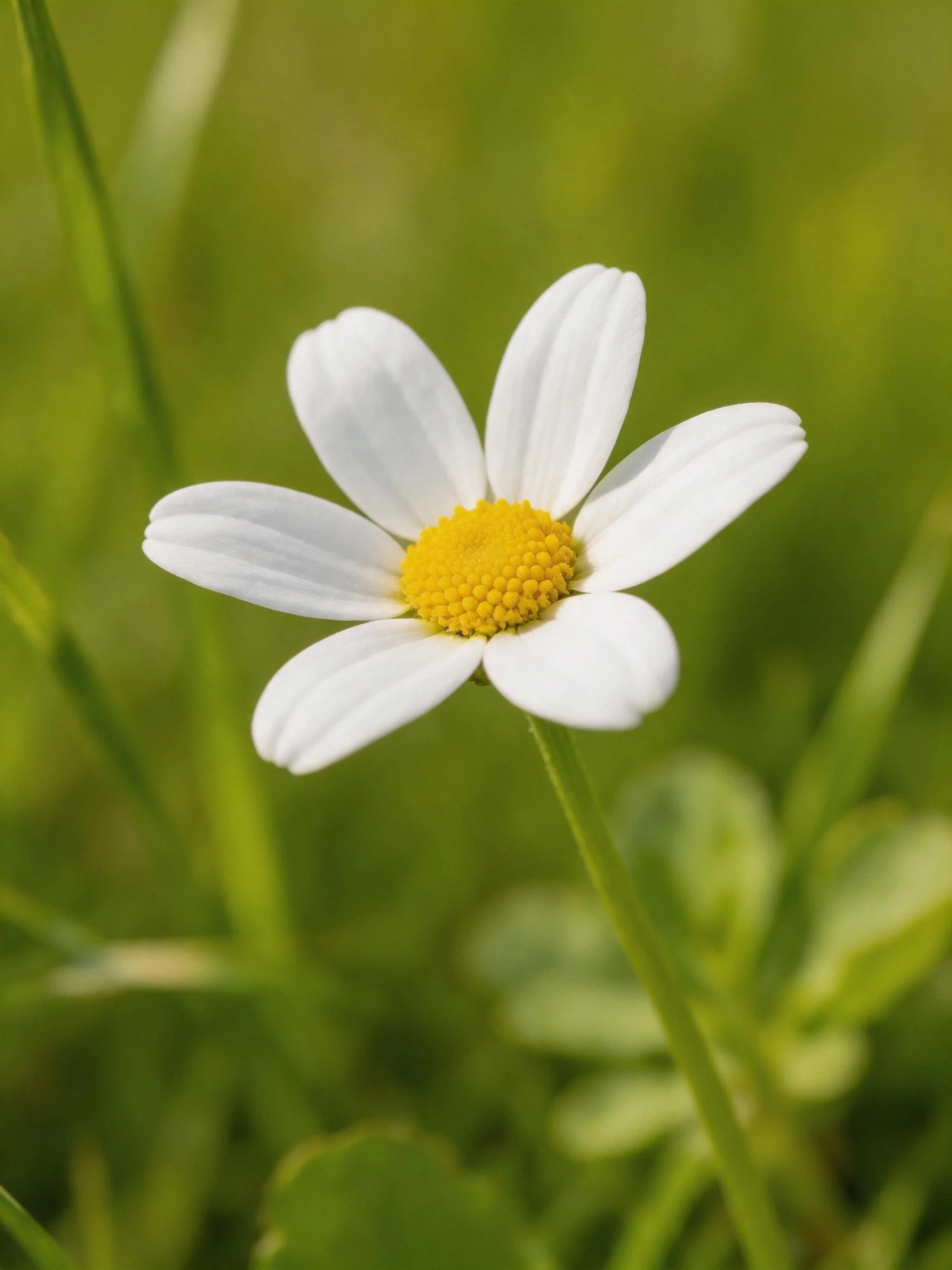 Single white daisy with bright yellow center amid green foliage