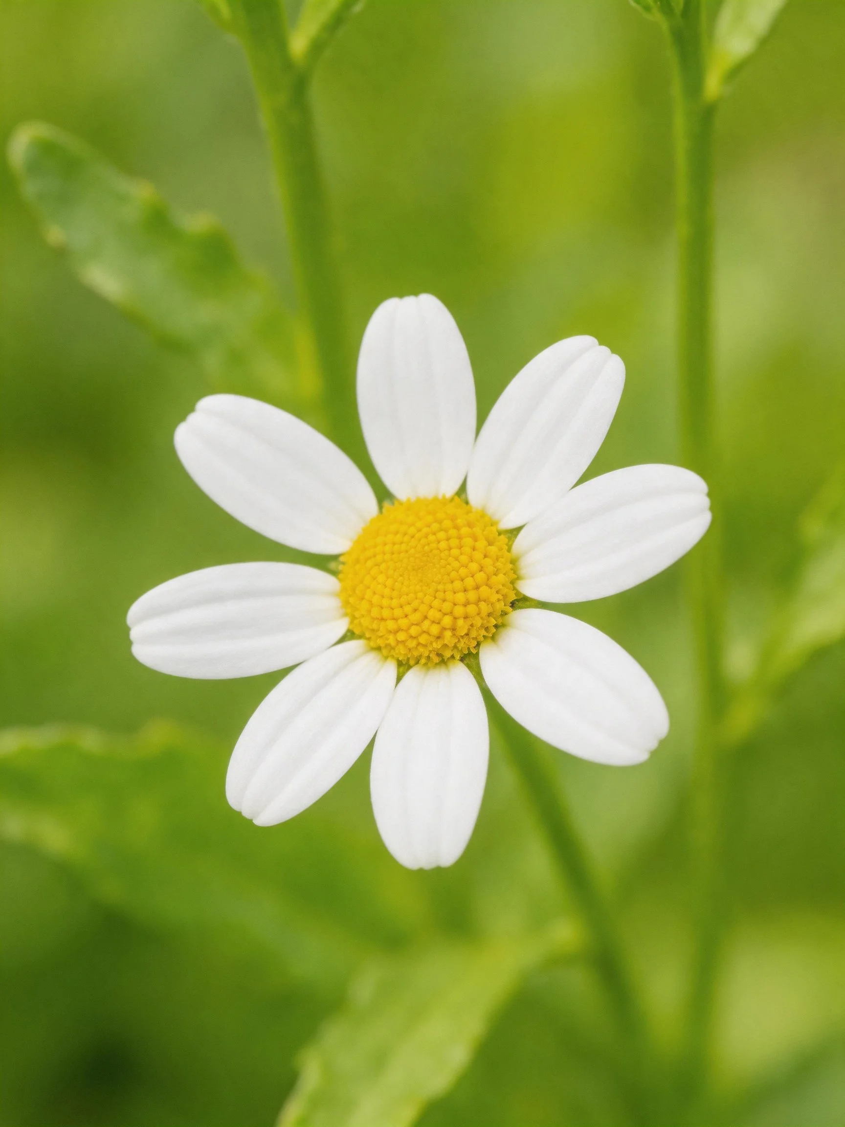 Single white daisy with bright yellow center amid green foliage