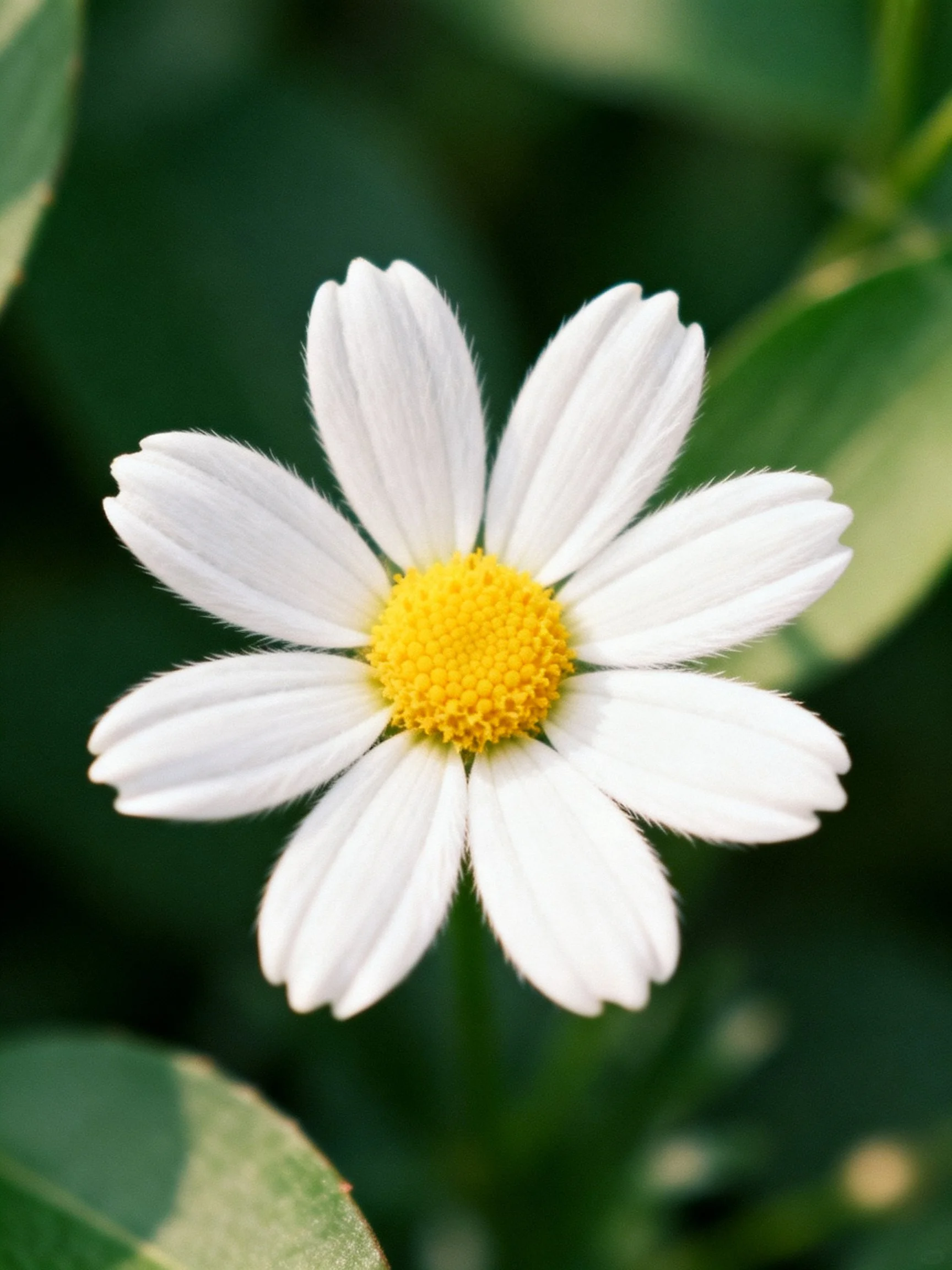 Single white daisy with bright yellow center, surrounded by green foliage