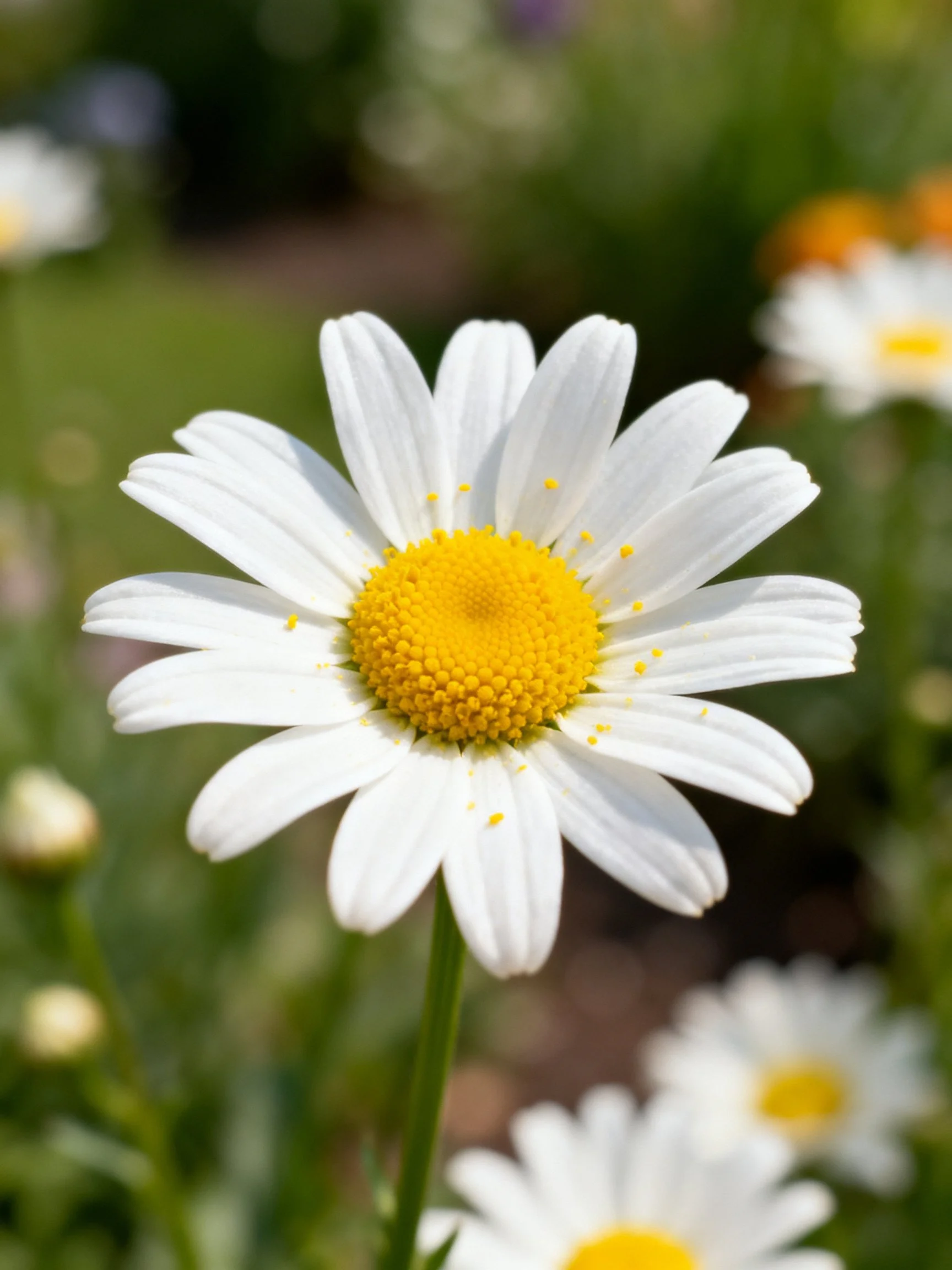 Single white daisy with yellow center amid blurred flowers