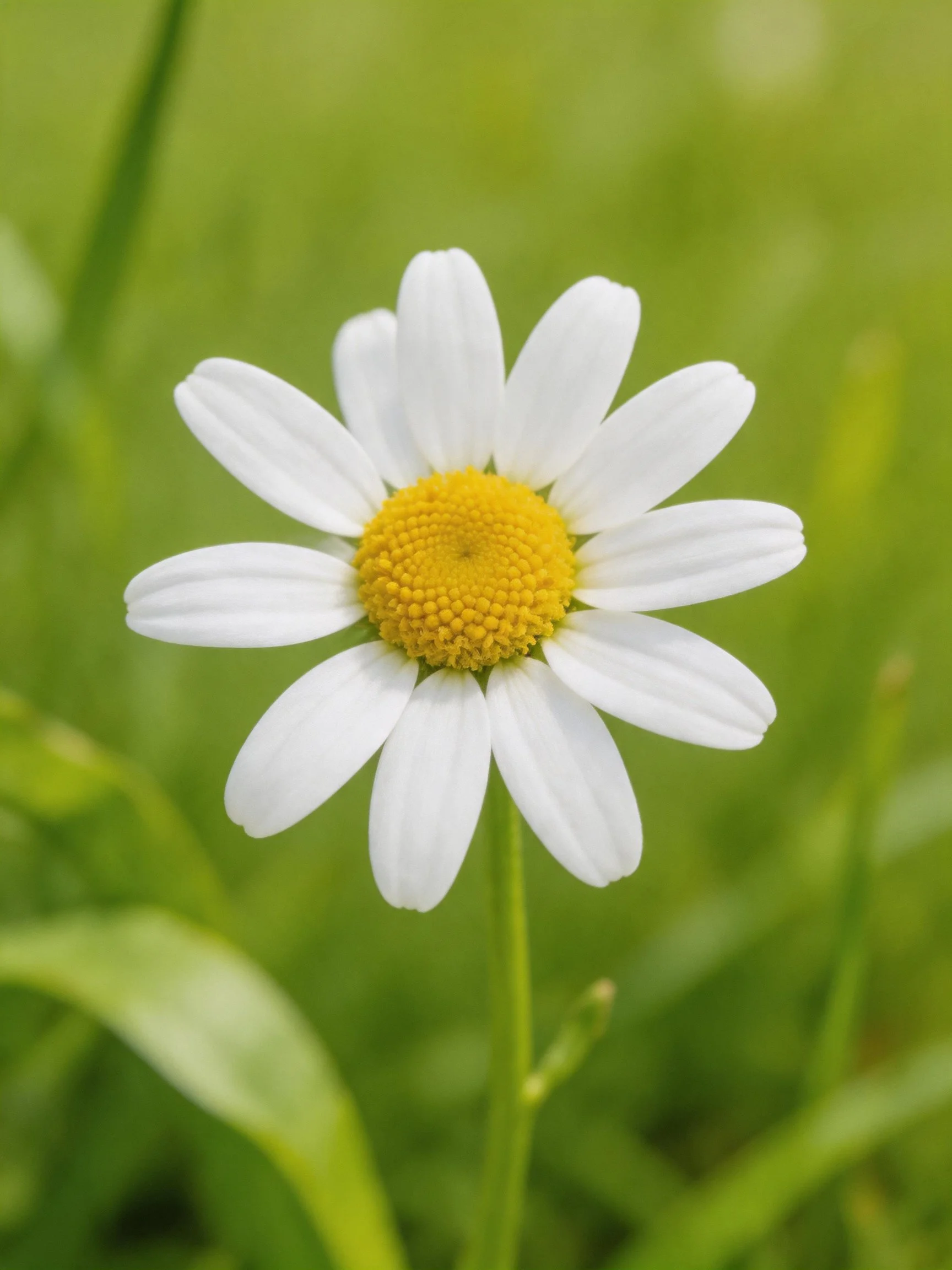 Single white daisy with yellow center amid green foliage