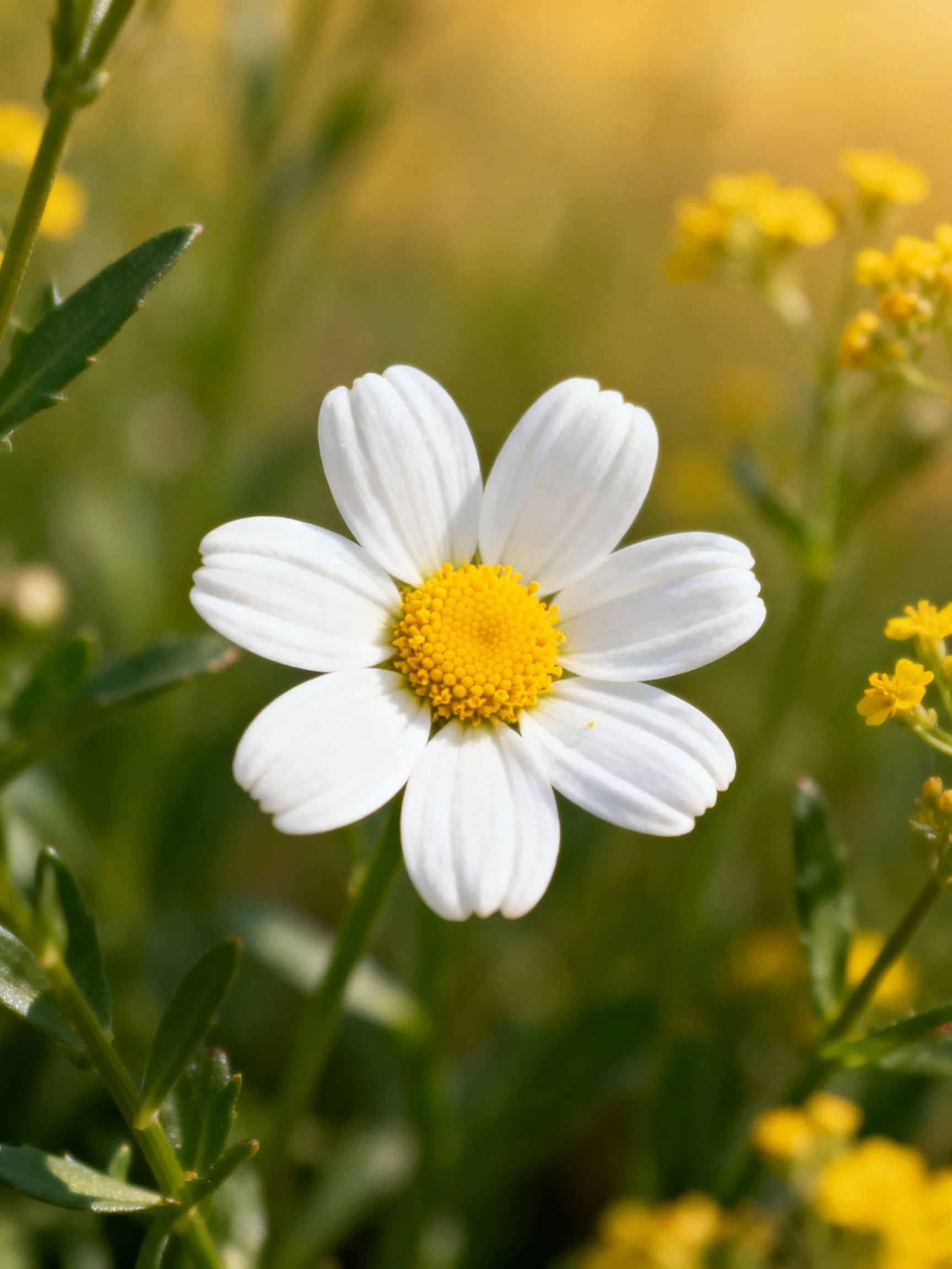 Single white daisy with yellow center amid green foliage