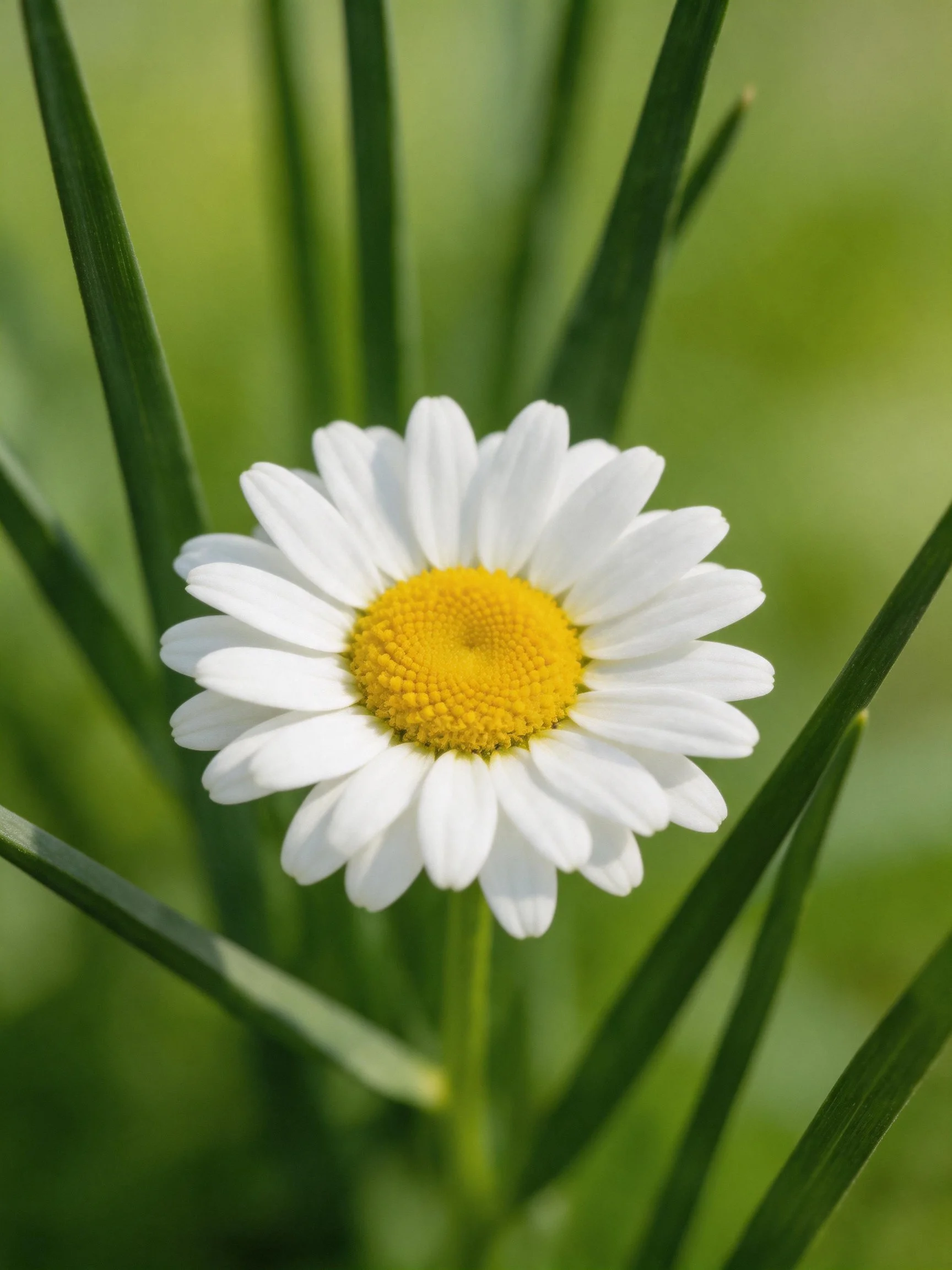 Single white daisy with yellow center amid green foliage