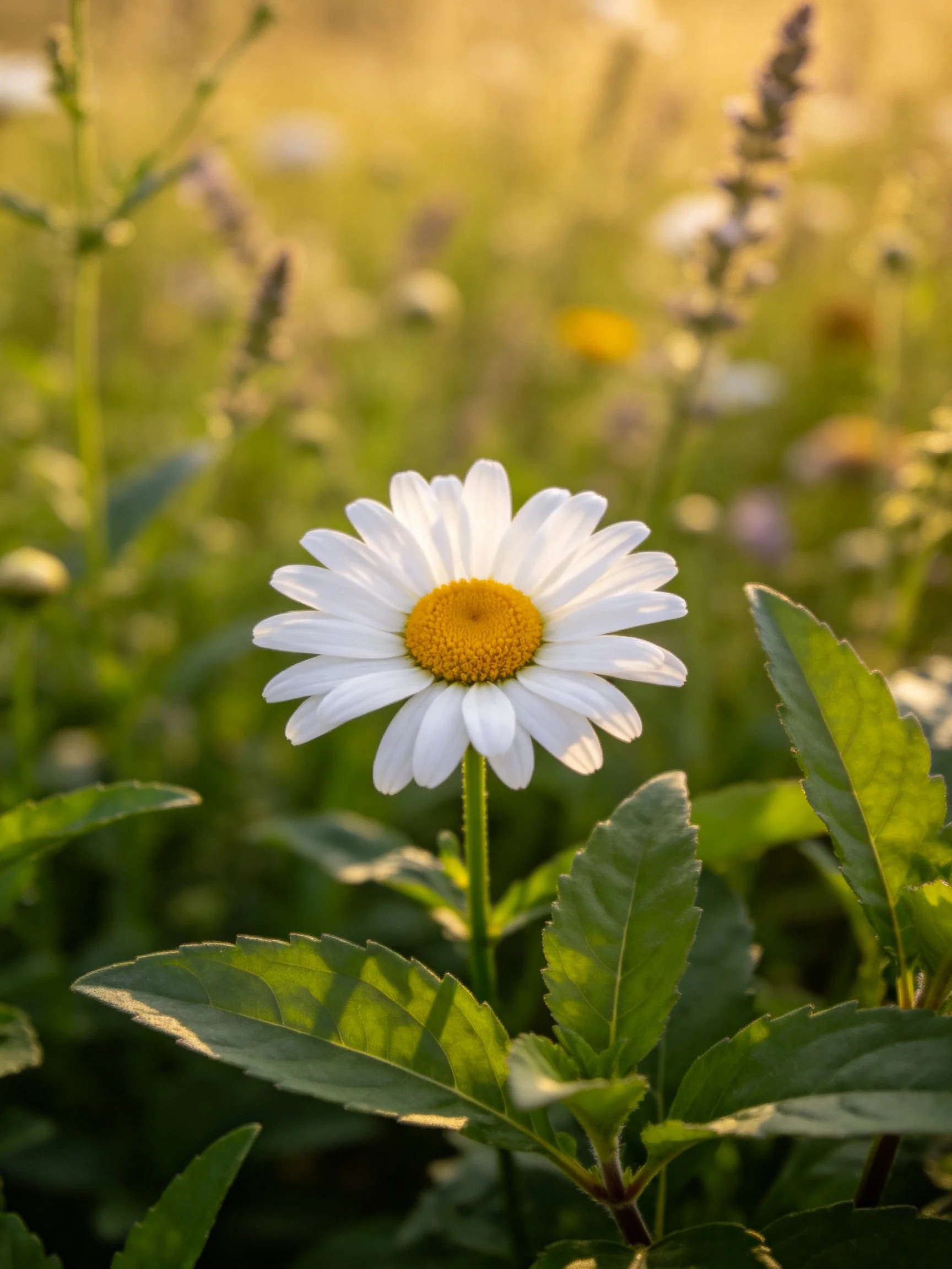 Single white daisy with yellow center amid lush green foliage