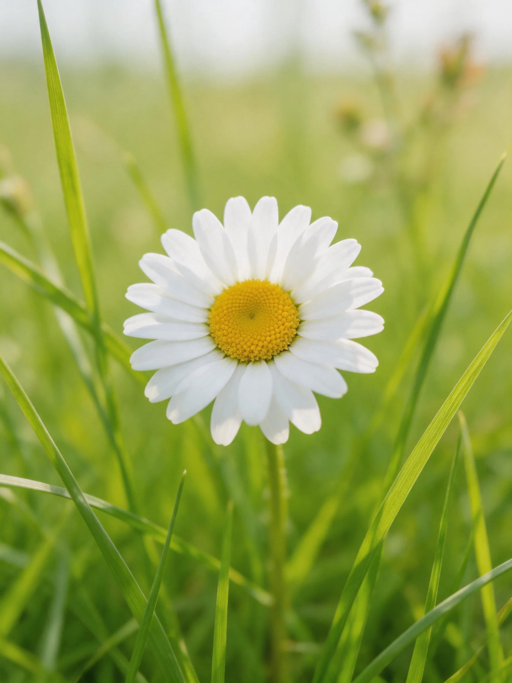 Single white daisy with yellow center amid lush green grass
