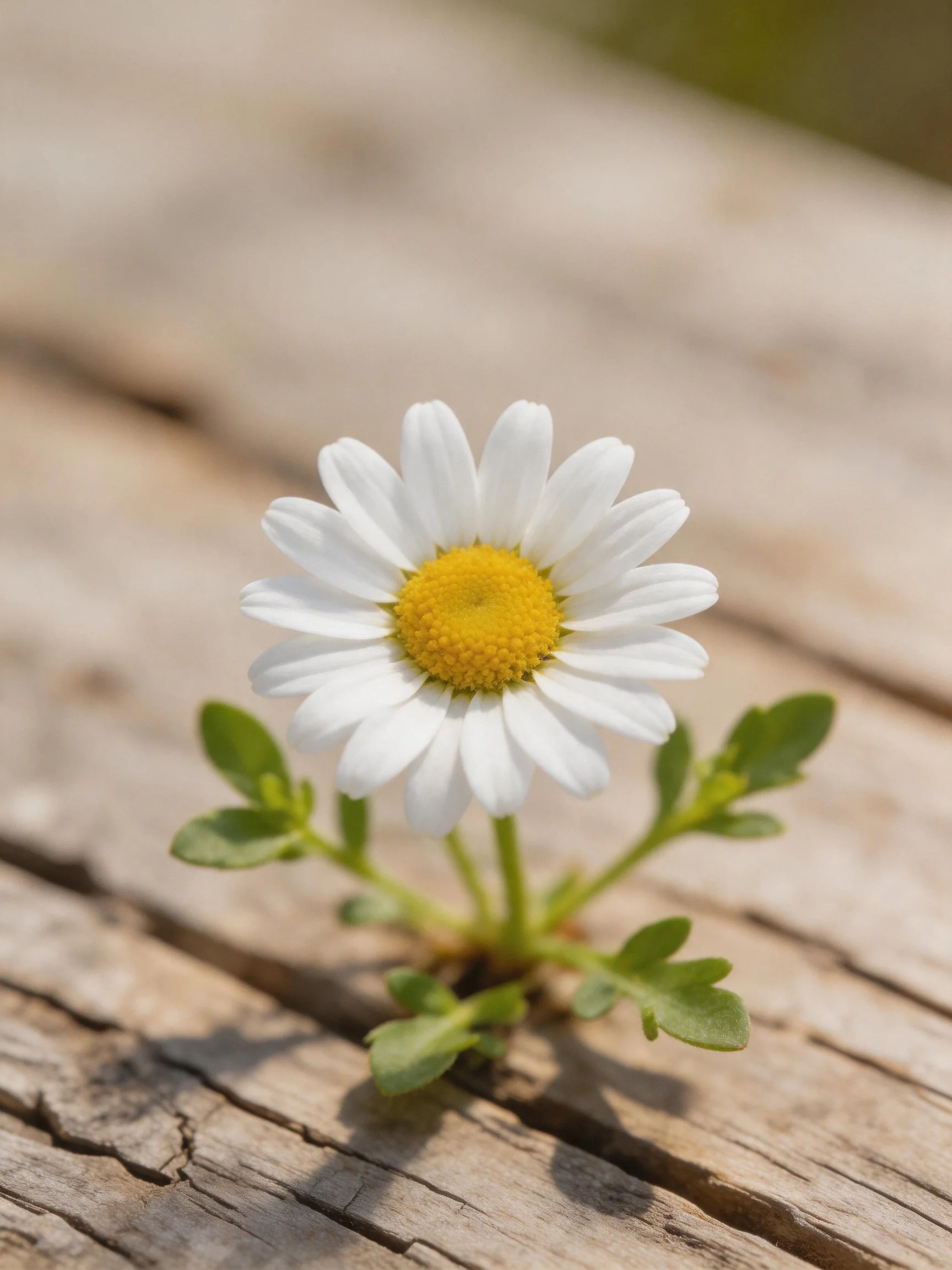 Single white daisy with yellow center growing from weathered wood