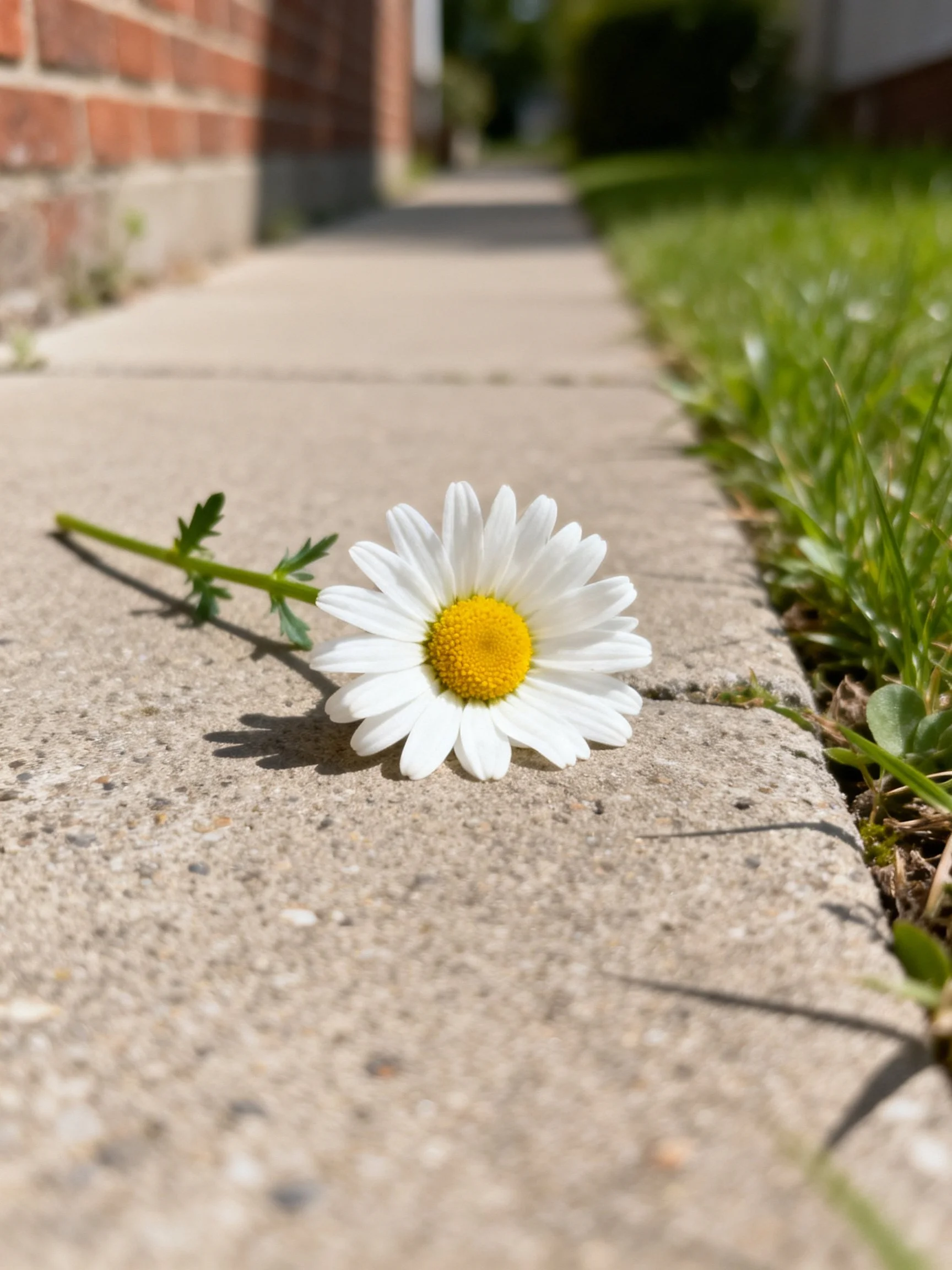 Single white daisy with yellow center on concrete sidewalk near grass
