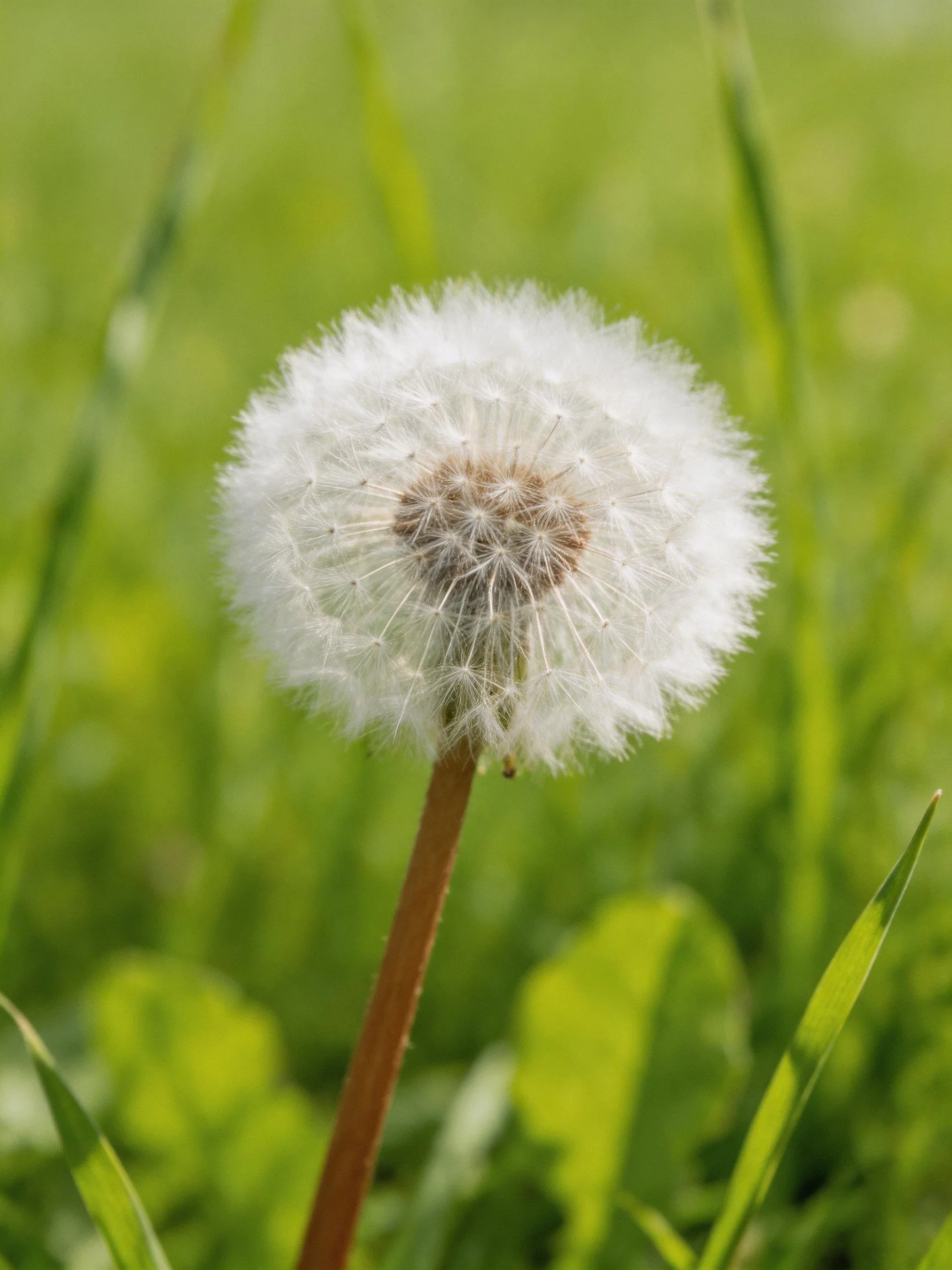 Single white dandelion puff with brown stem against greenery