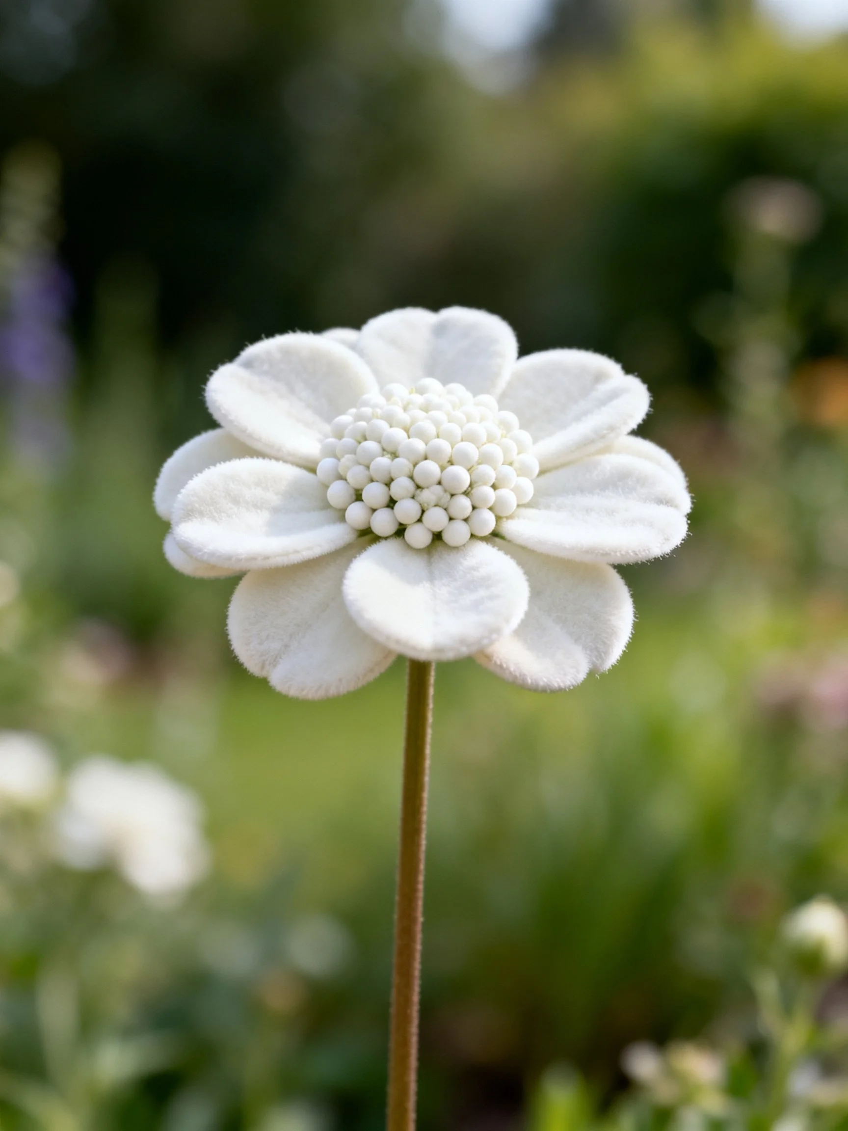 Single white felt flower with beaded center on brown stem