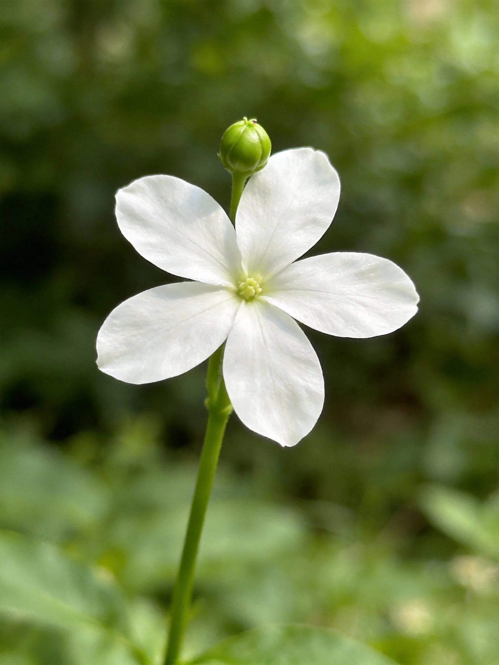Single white five - petaled flower with green bud