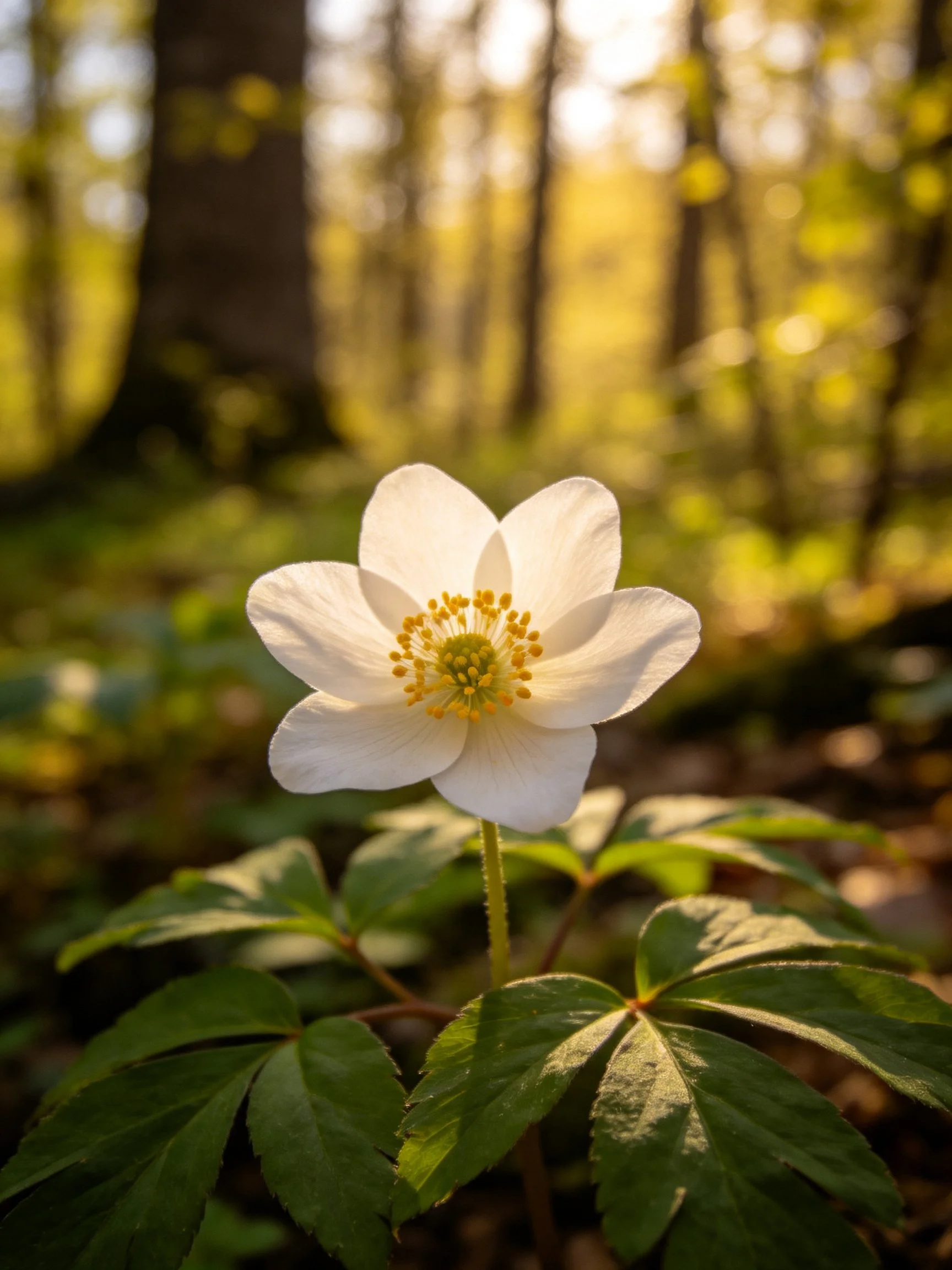 Single white flower blooms among lush green foliage in sunlit forest