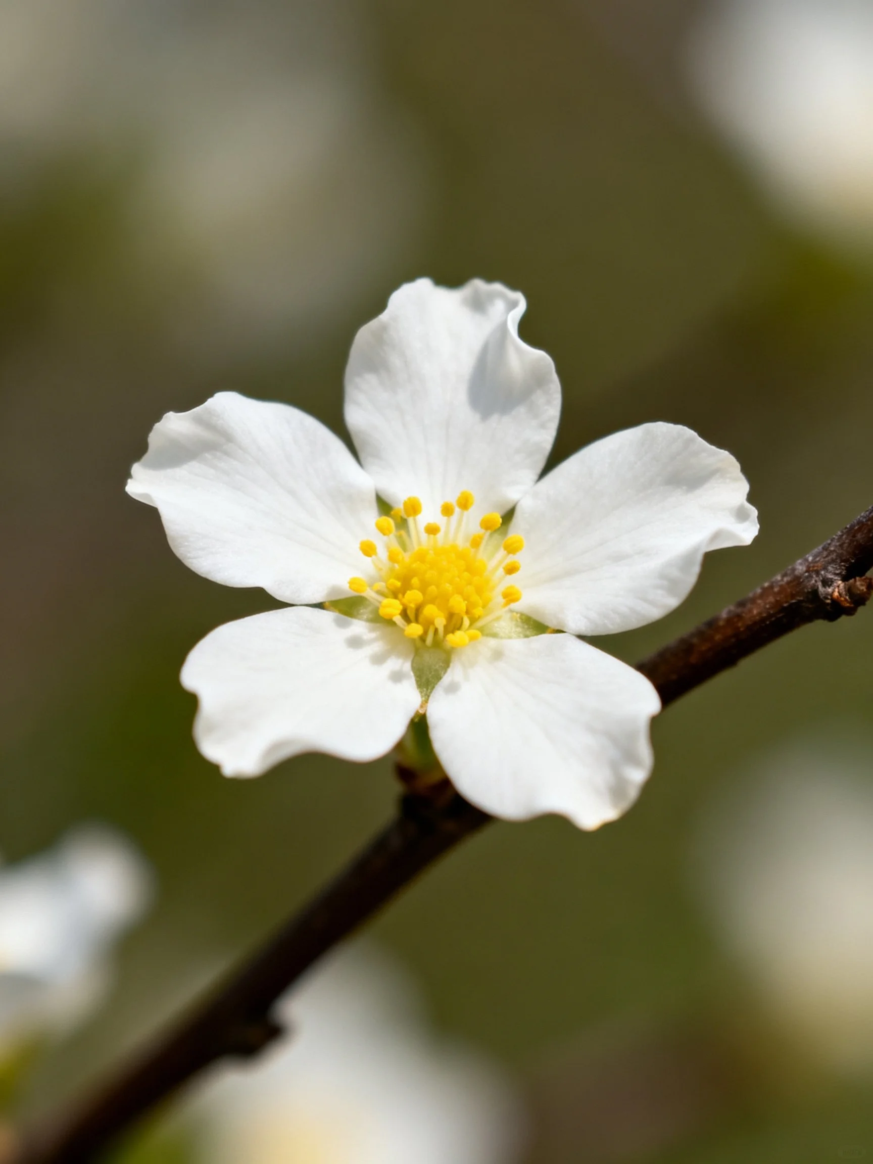 Single white flower with bright yellow center on a dark branch