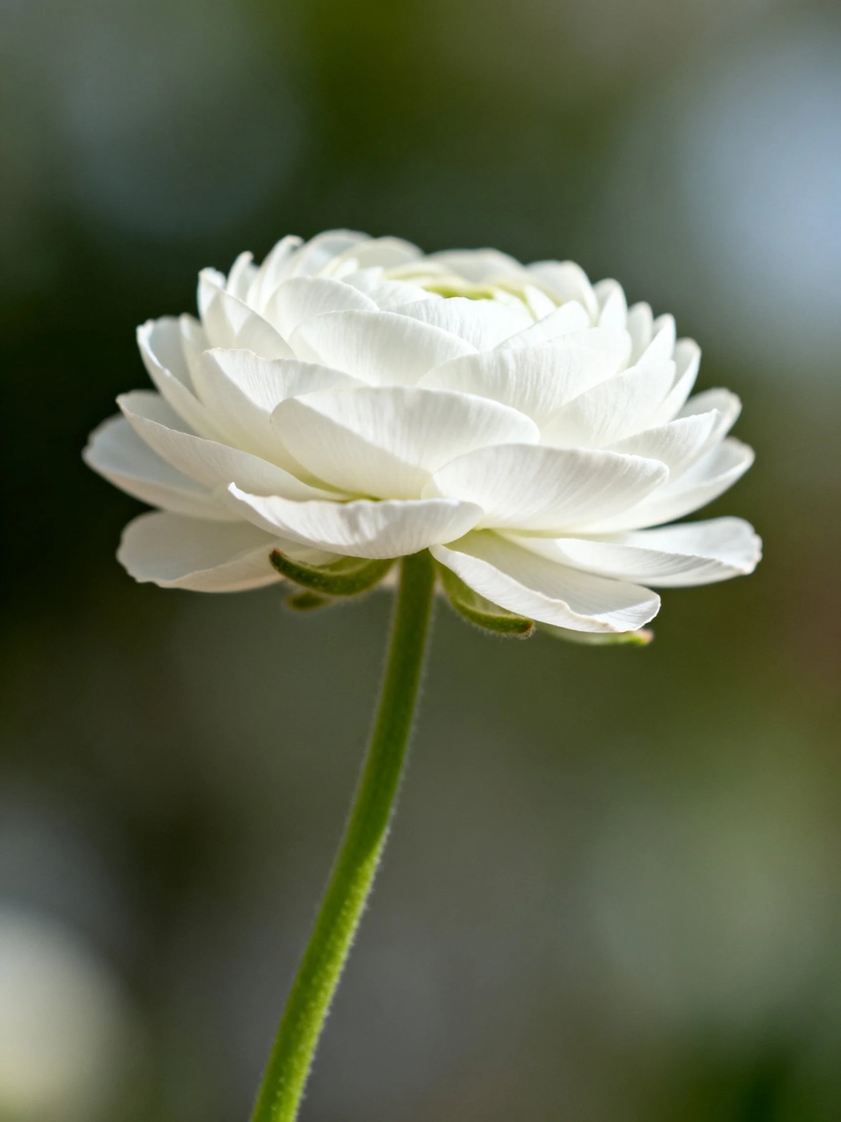 Single white flower with layered petals and slender green stem