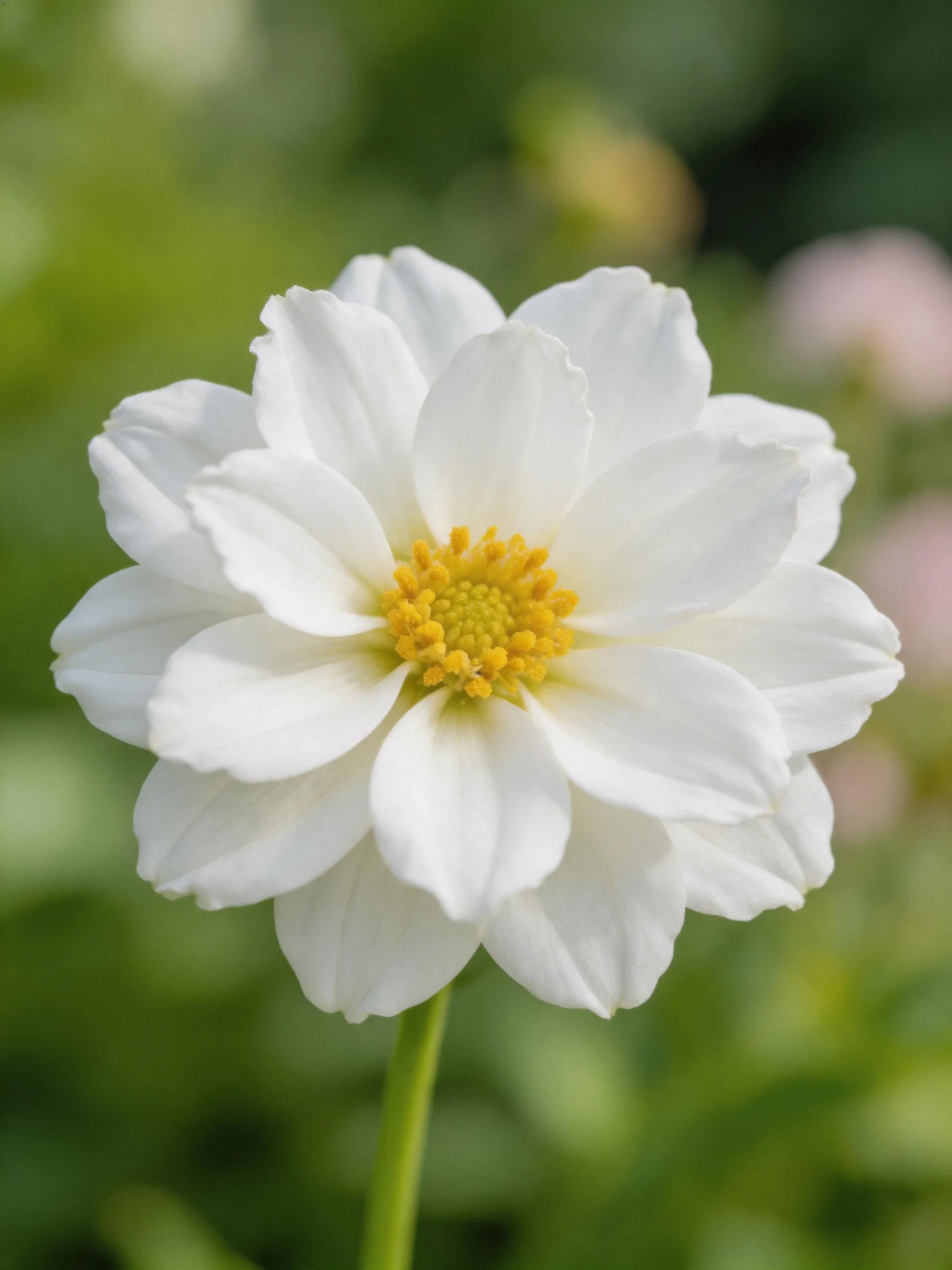 Single white flower with layered petals and yellow center