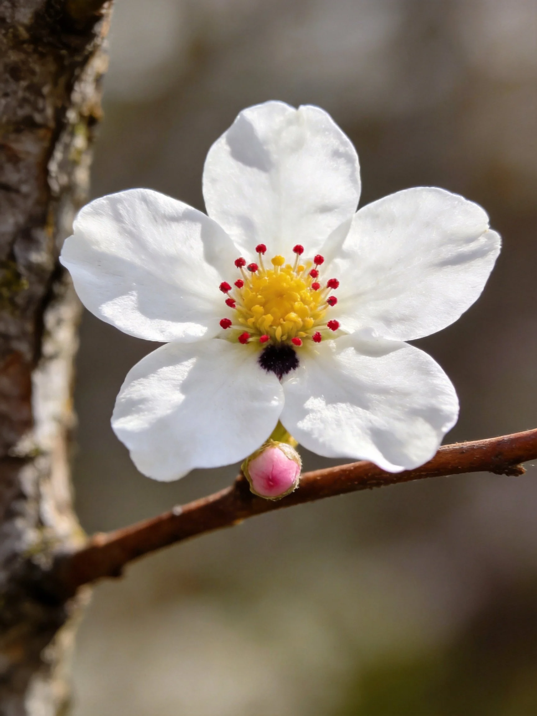 A white flower with red stamens grows near a tree trunk.