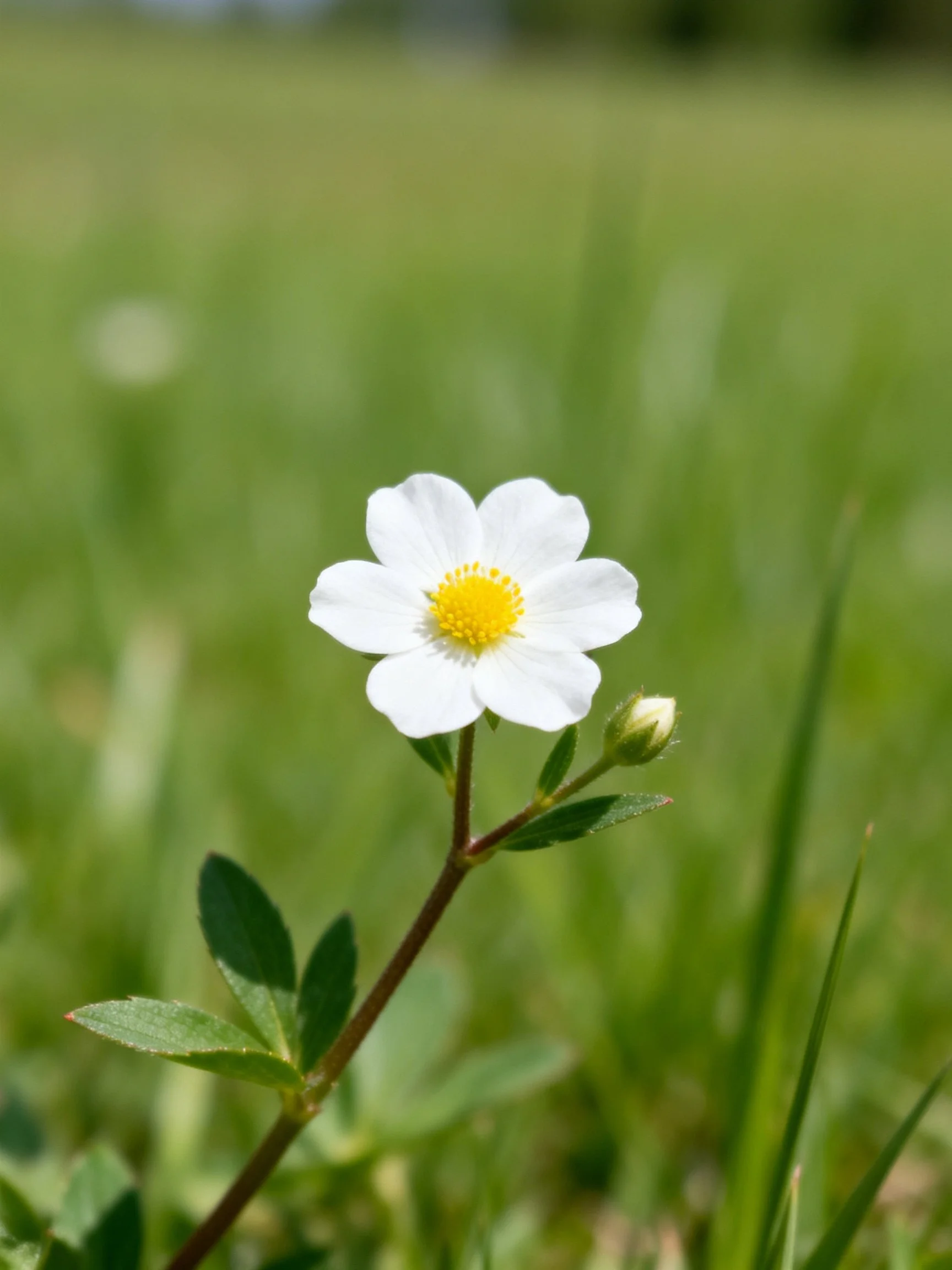 A single white flower with a yellow center stands out in a green meadow setting.