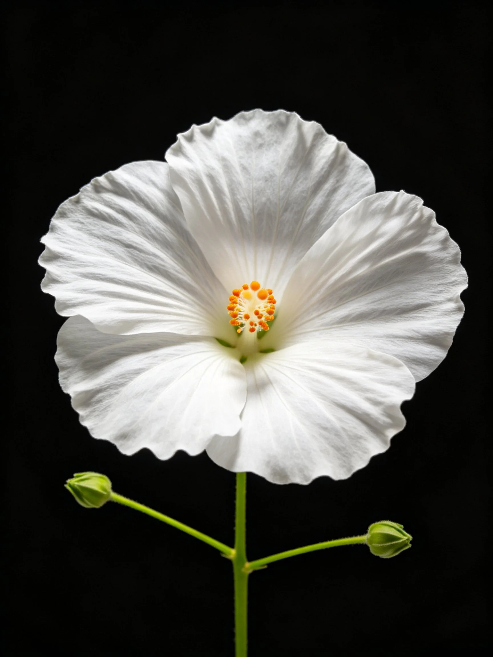 Single white hibiscus flower with two green buds