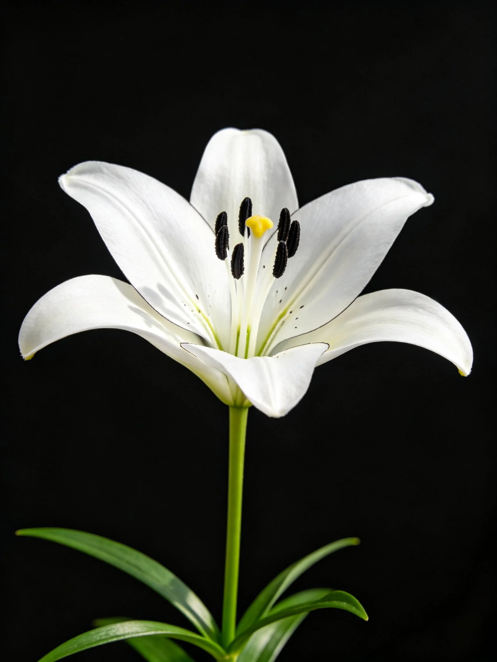 Single white lily with yellow center on black backdrop