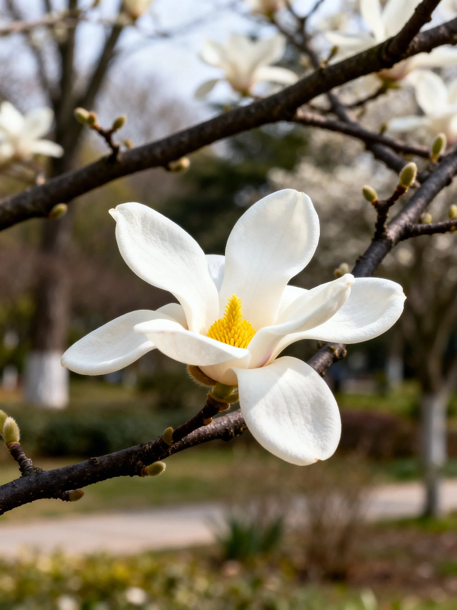 Single white magnolia flower with yellow center on dark branch