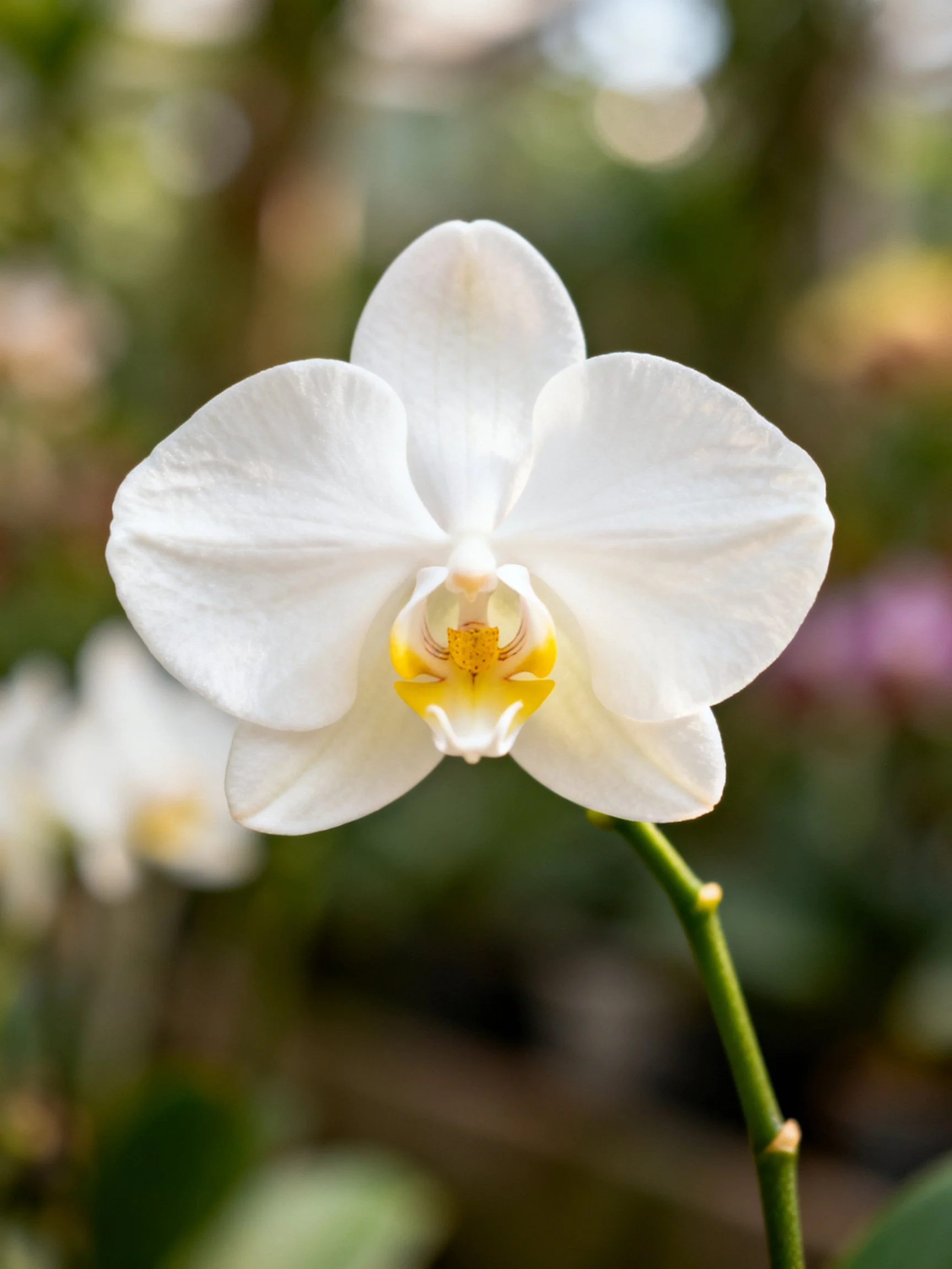 Single white orchid with yellow center, blurred green backdrop