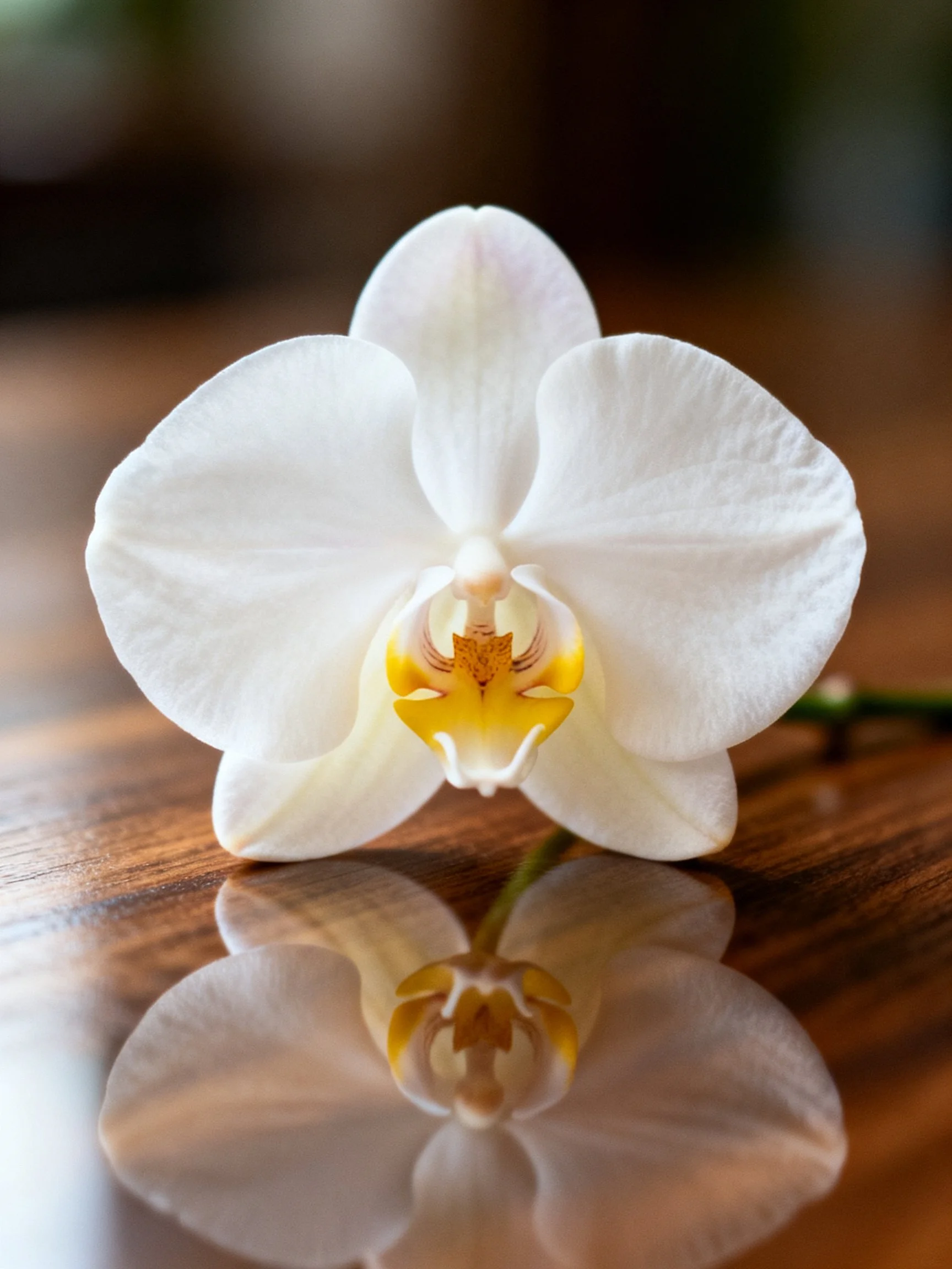 Single white orchid with yellow center on polished wooden surface