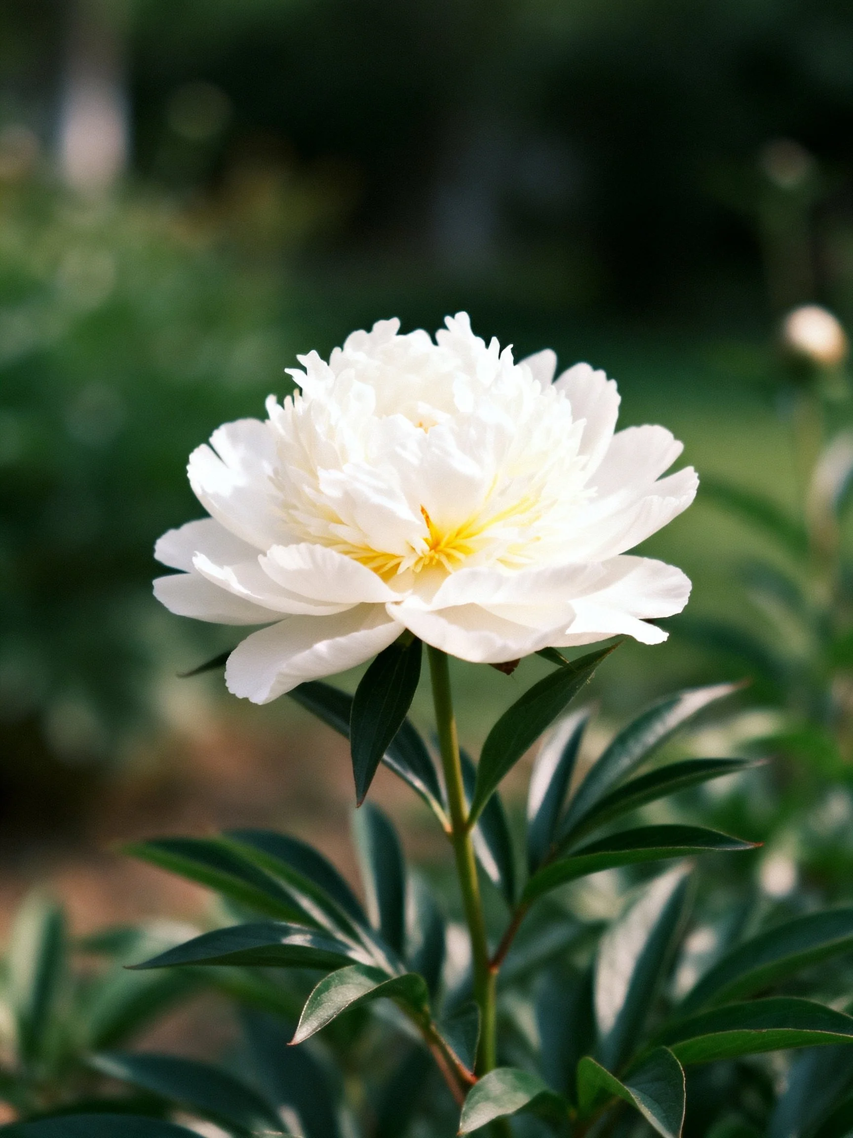 Single white peony with layered petals and green leaves