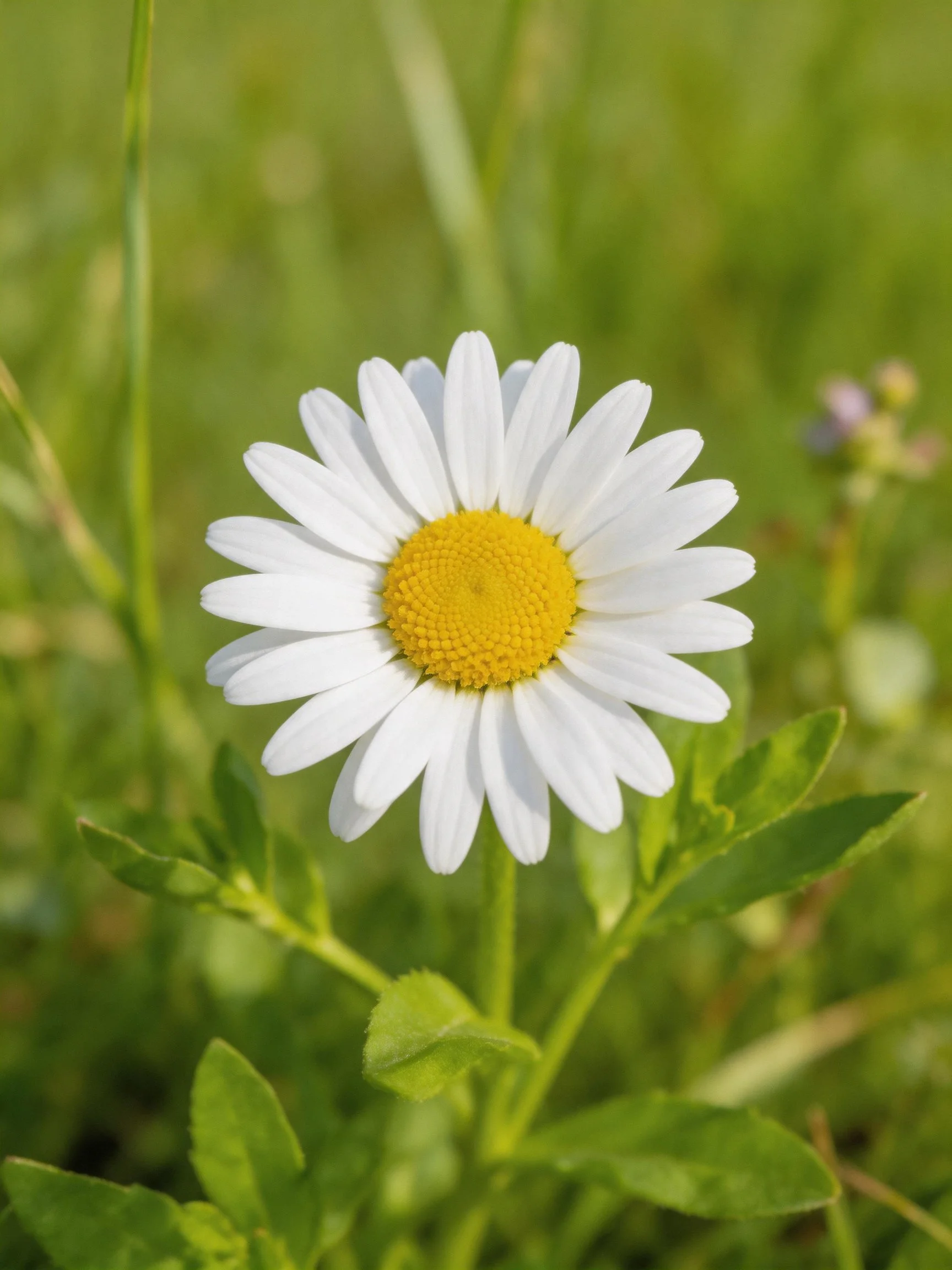 Single white-petaled daisy with bright yellow center amid green foliage