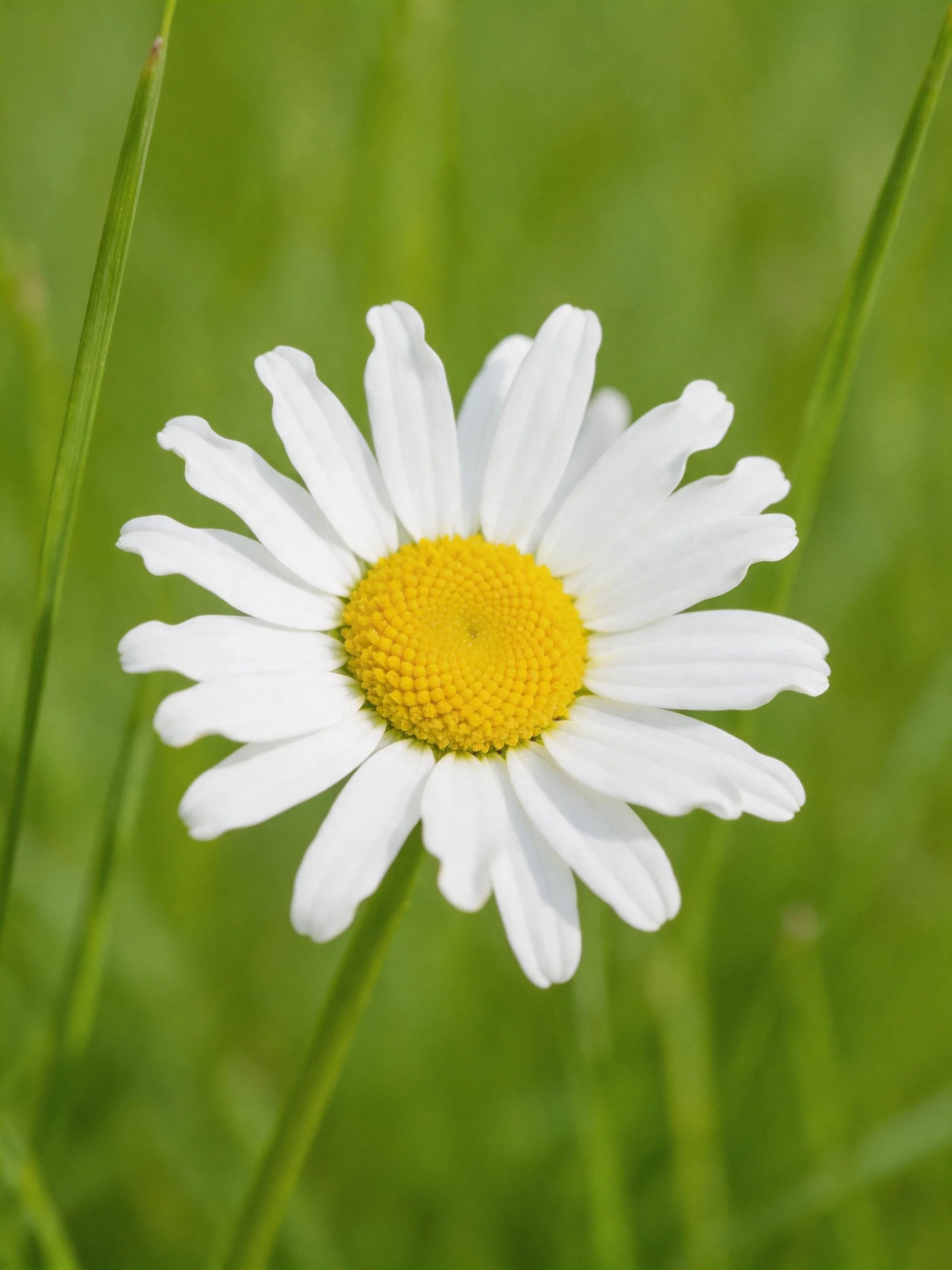 Single white-petaled daisy with yellow center amid green grass