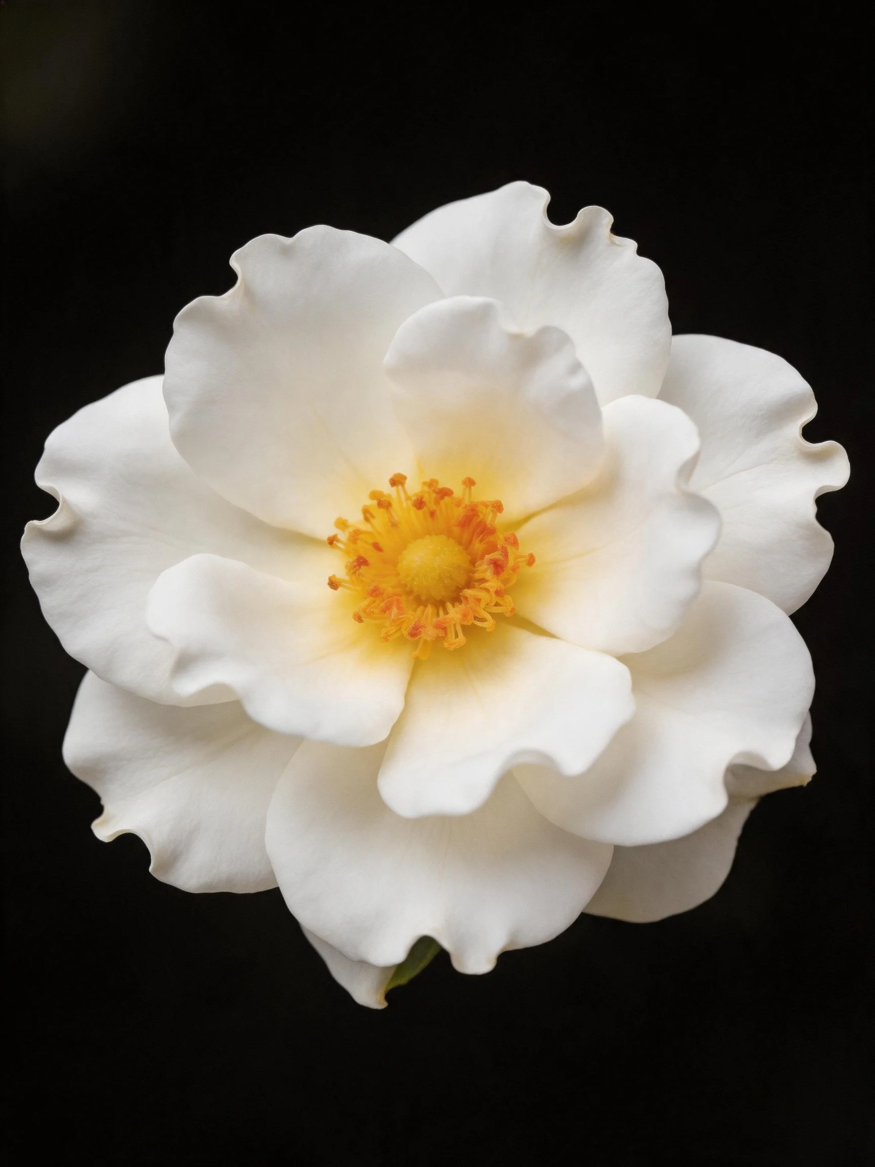 Single white rose with layered petals and golden center
