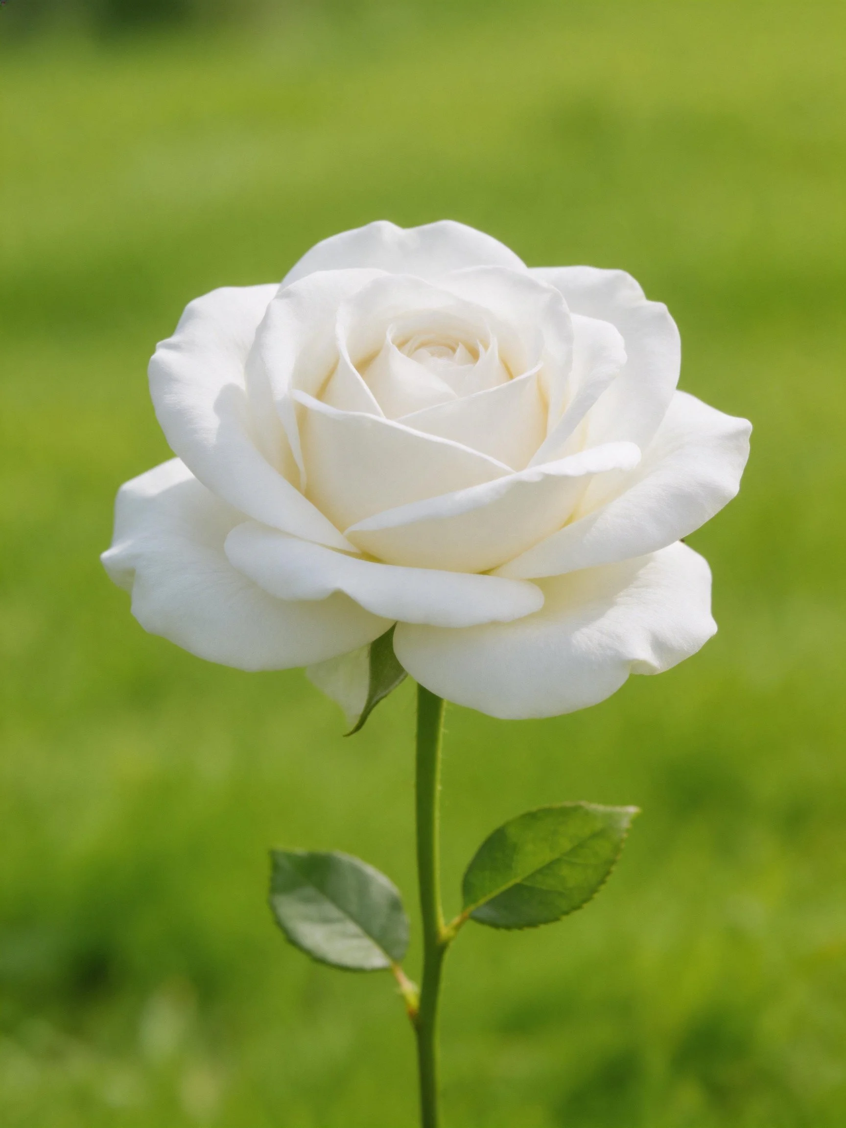 Single white rose with layered petals on green stem