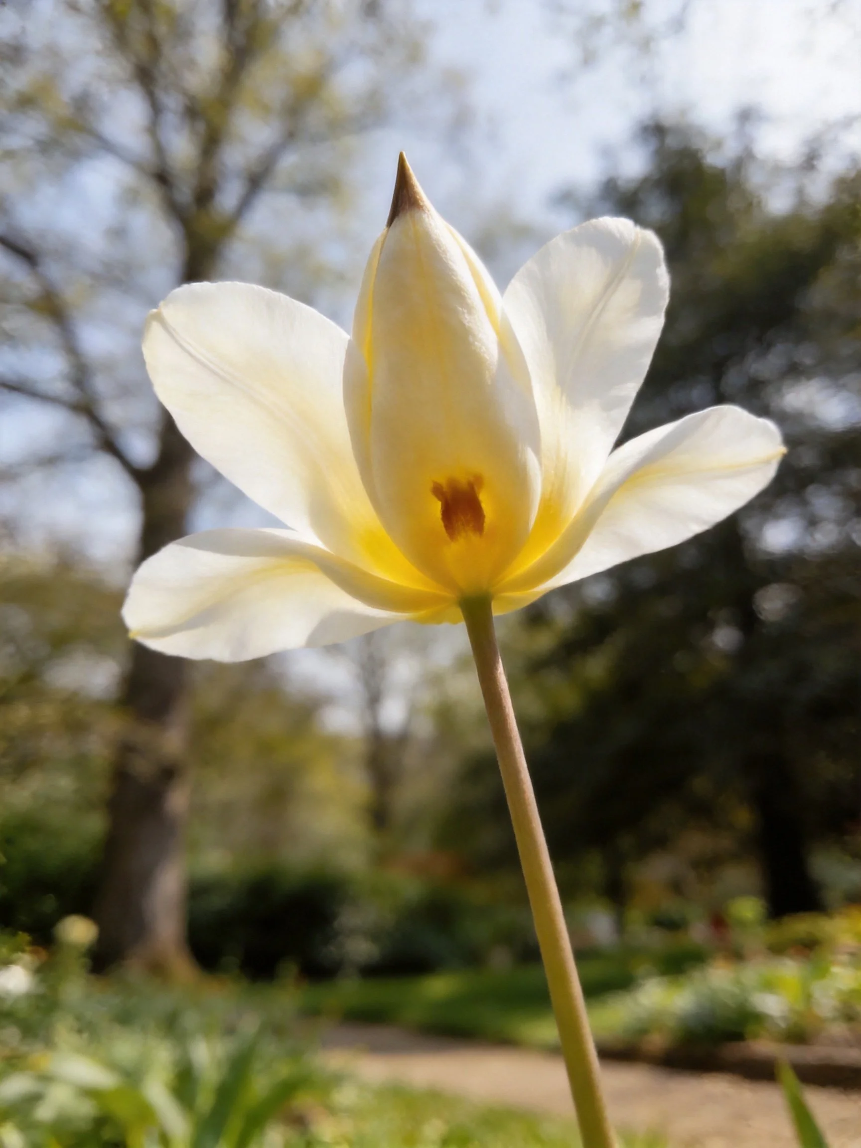 Single white tulip bud with yellow center in sunlit garden