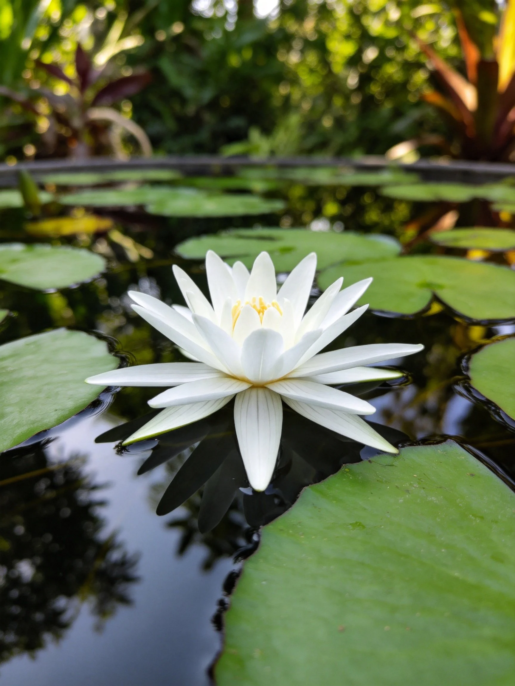 Single white water lily amid green lily pads in calm water