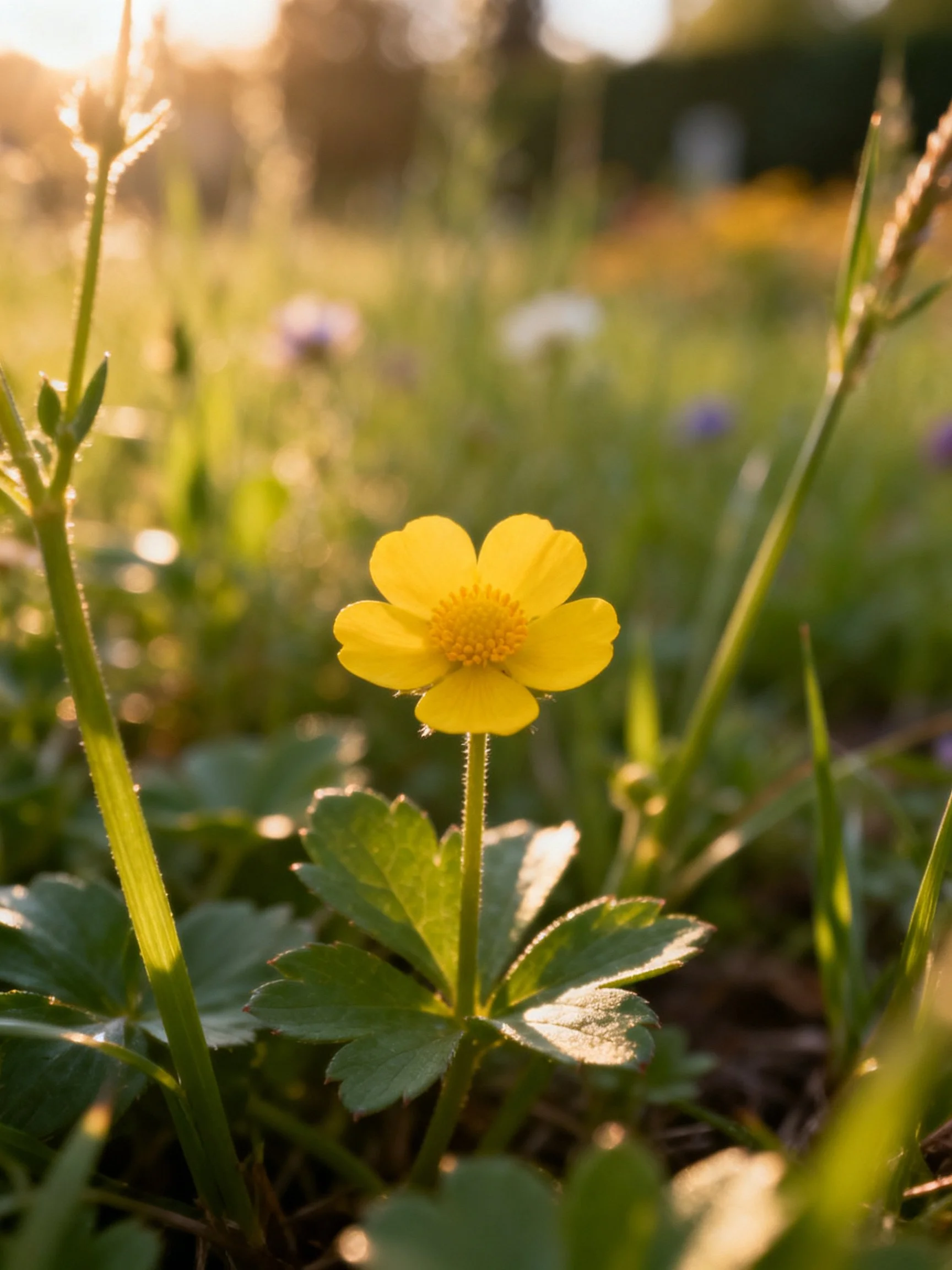 Single yellow flower amidst greenery under warm sunlight