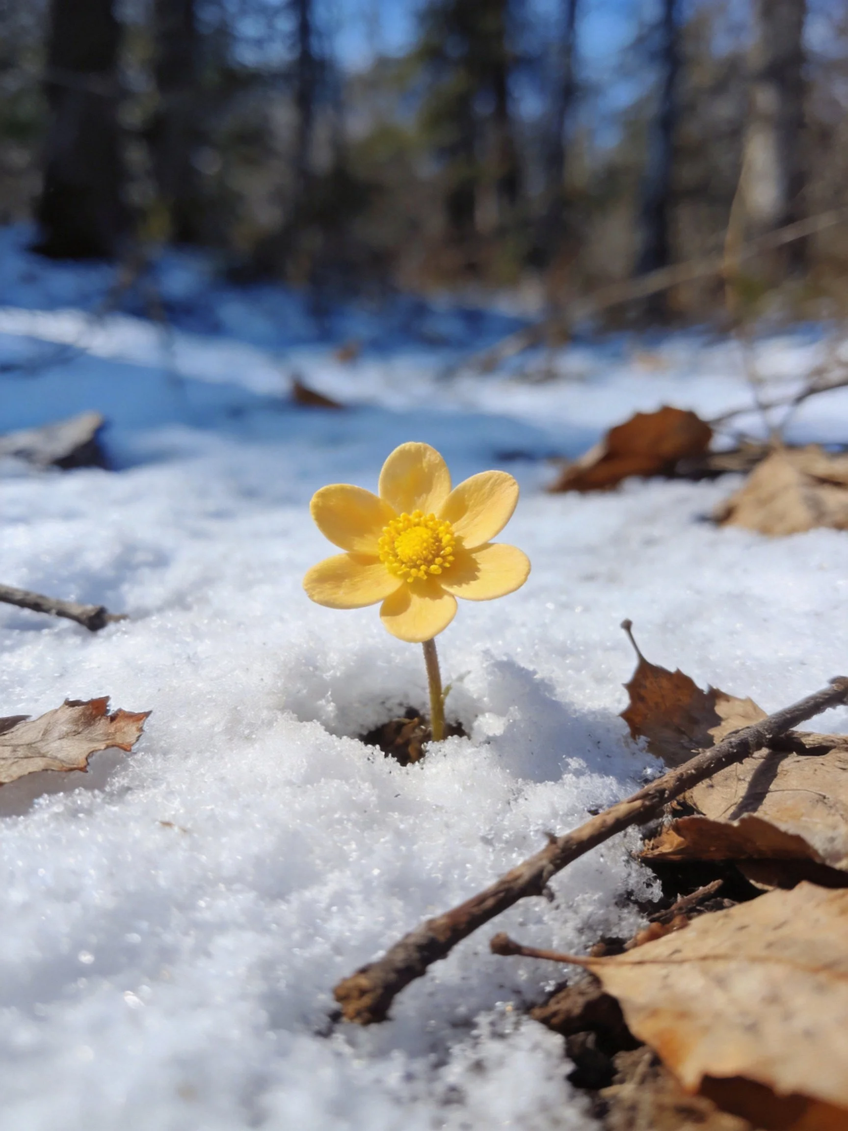 Single yellow flower emerging from melting snow amid dried leaves