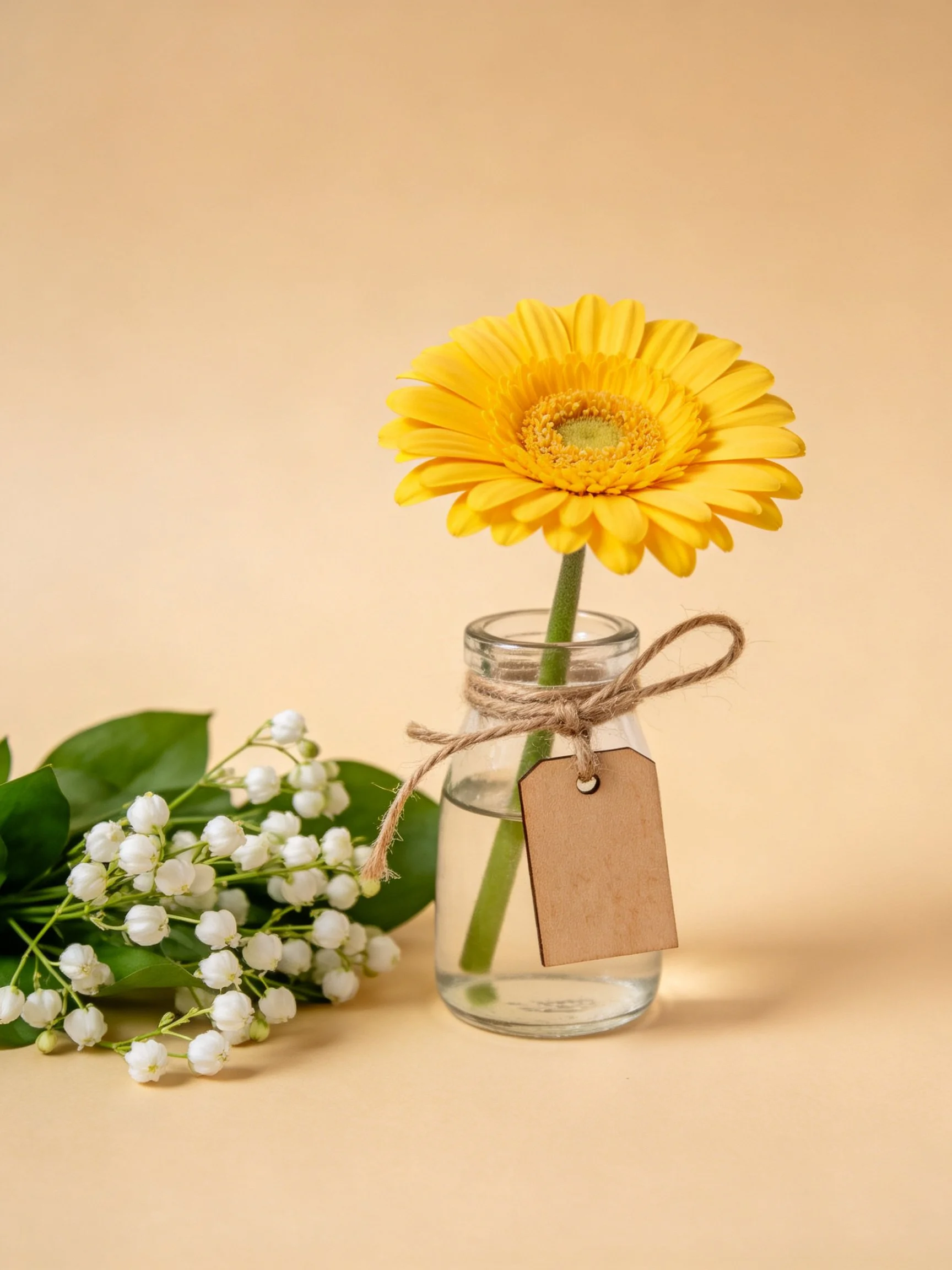 Single yellow gerbera in glass jar with twine and tag