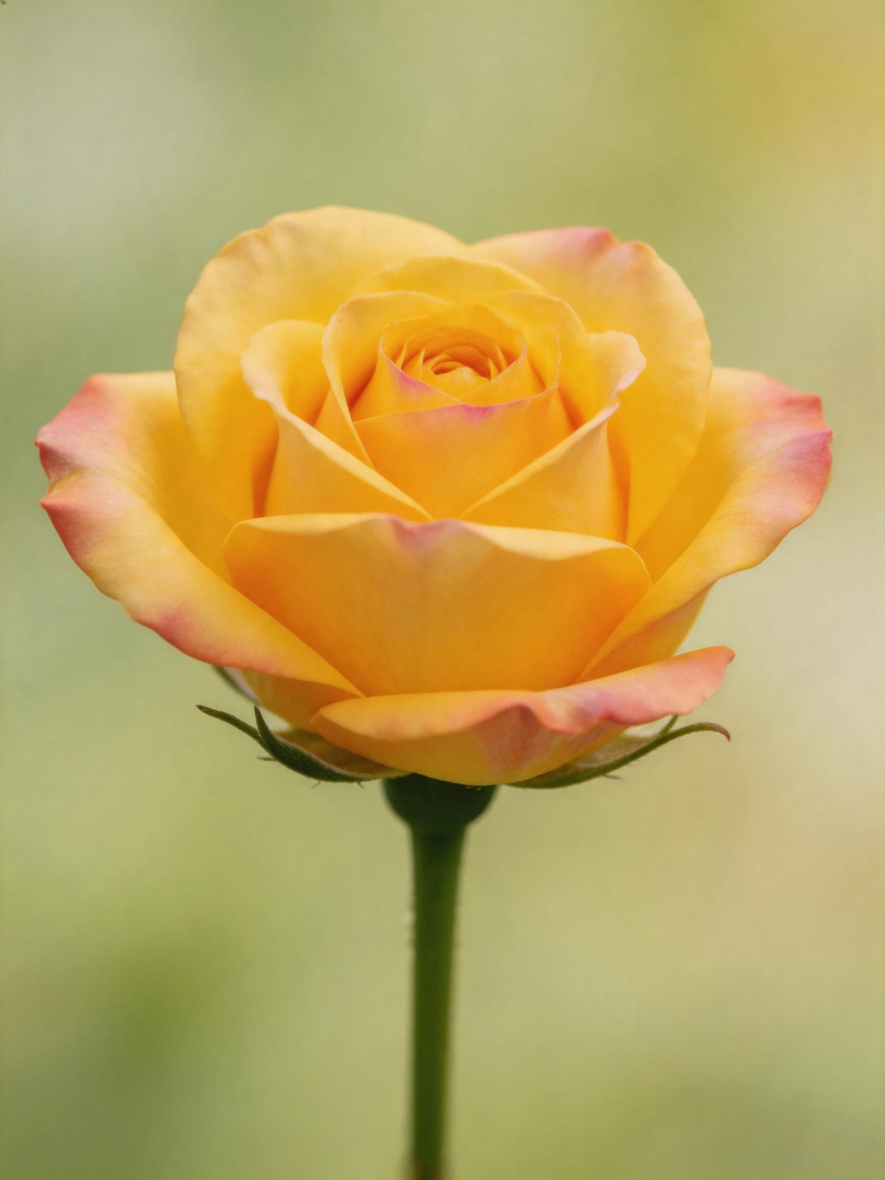 A single yellow rose with pink accents is centered against a blurred green background