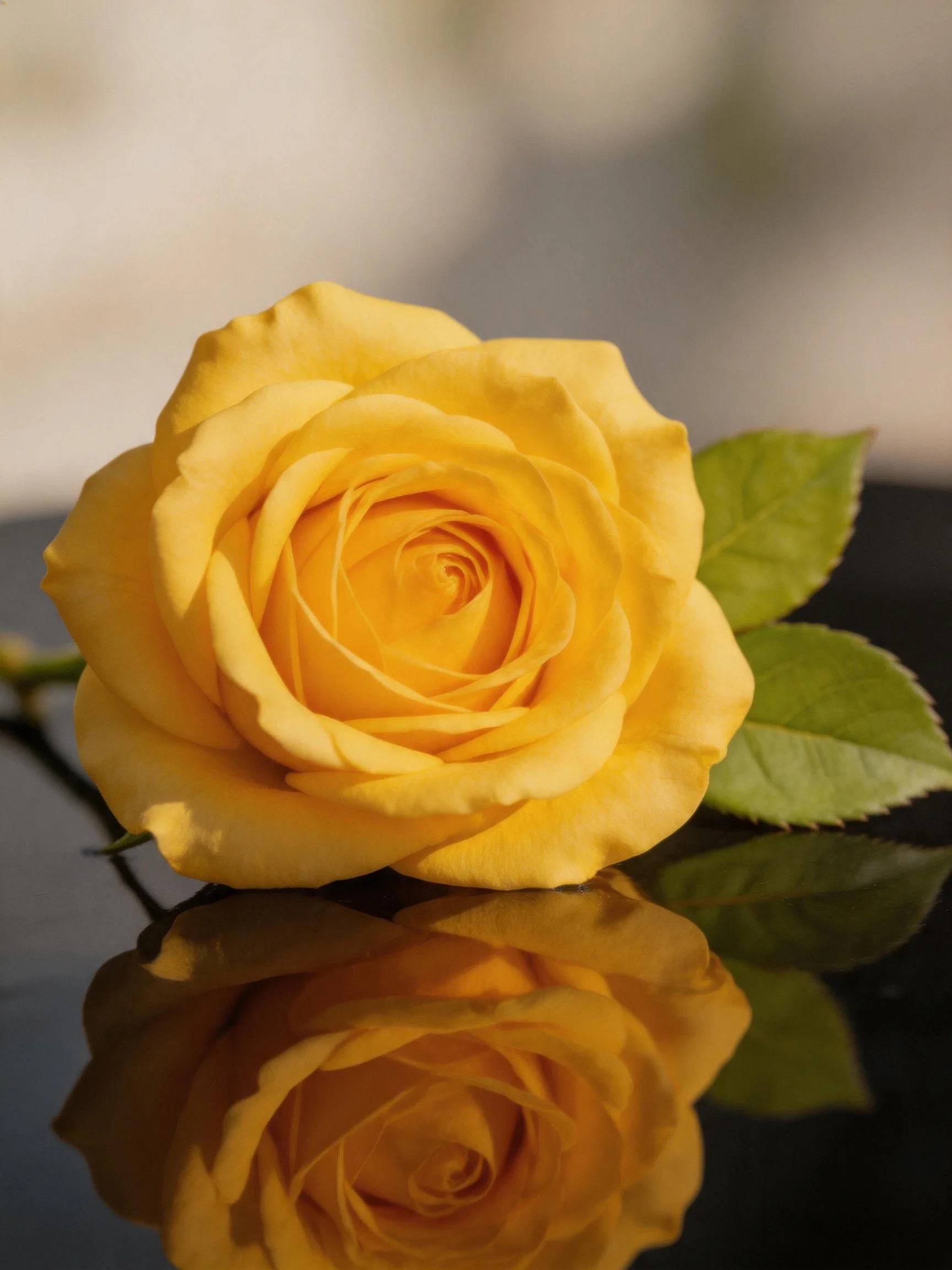 A yellow rose with green leaves is reflected on a dark surface