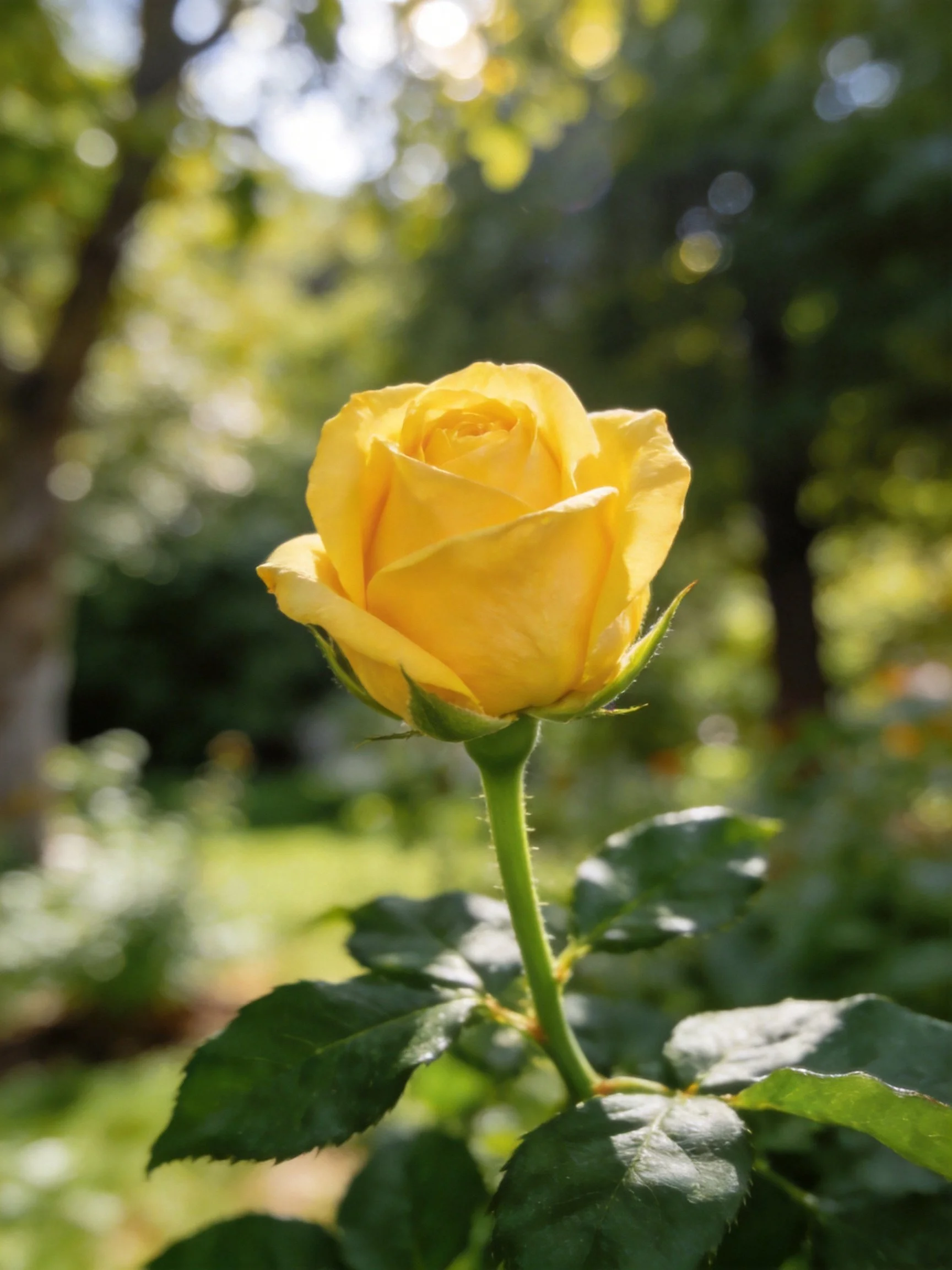 Single yellow rosebud with green foliage in sunlit garden