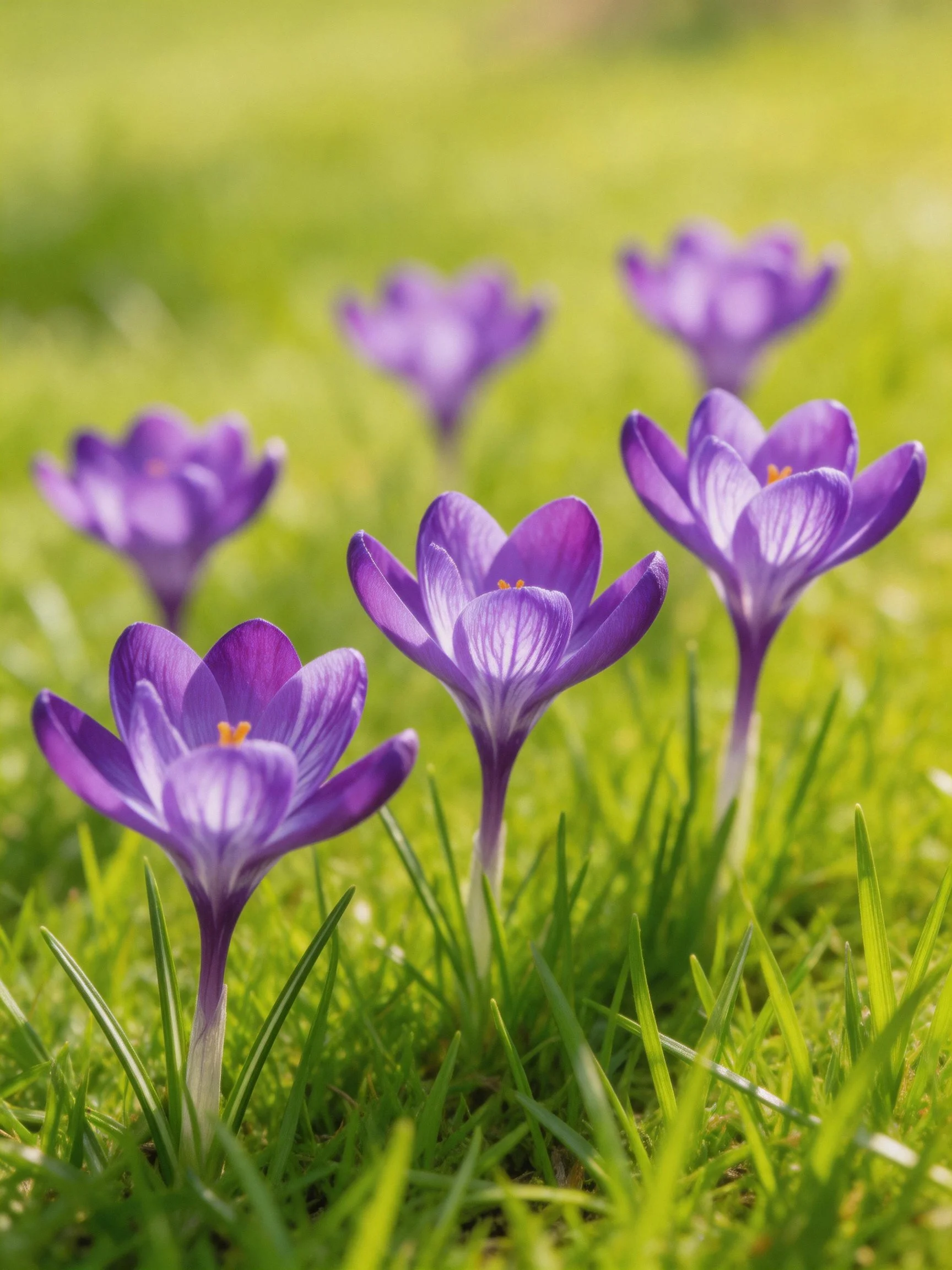 Six Purple Crocuses Blooming in Lush Green Grass