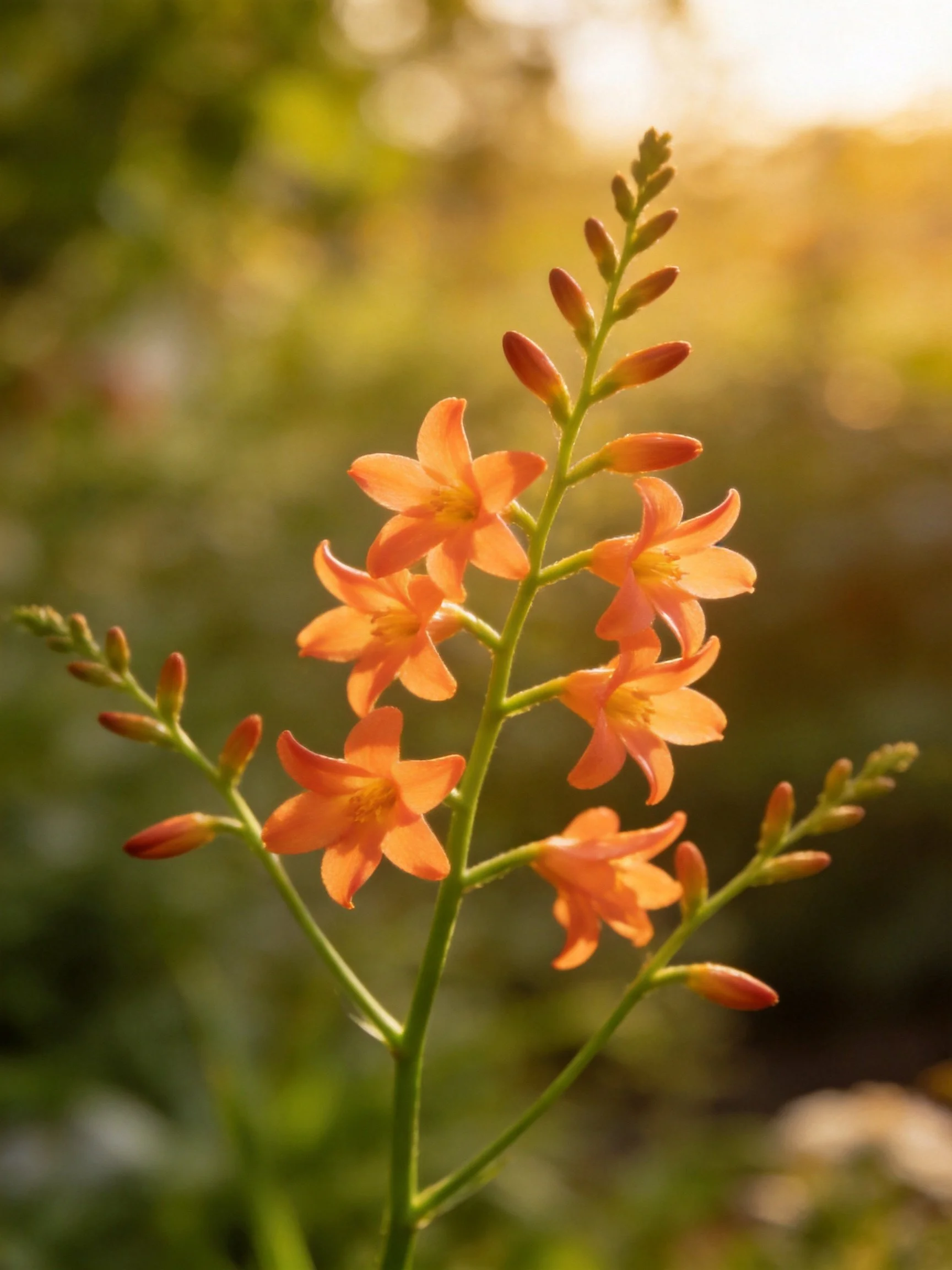 Six bright orange star - shaped flowers on green stems with buds