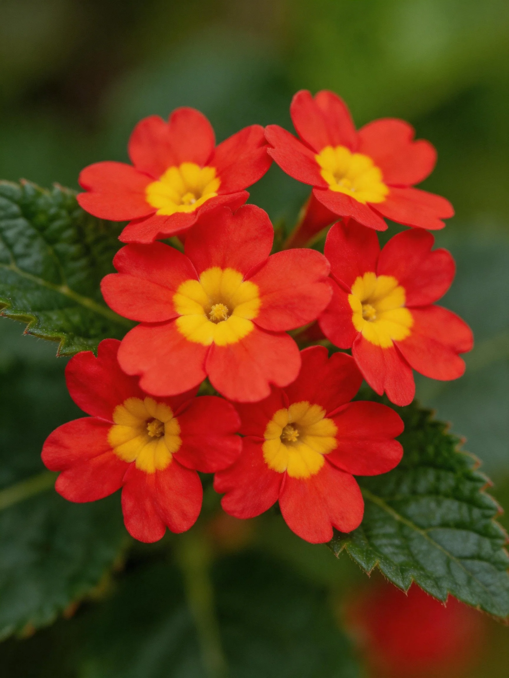 Six bright red flowers with yellow centers grouped near dark green leaves