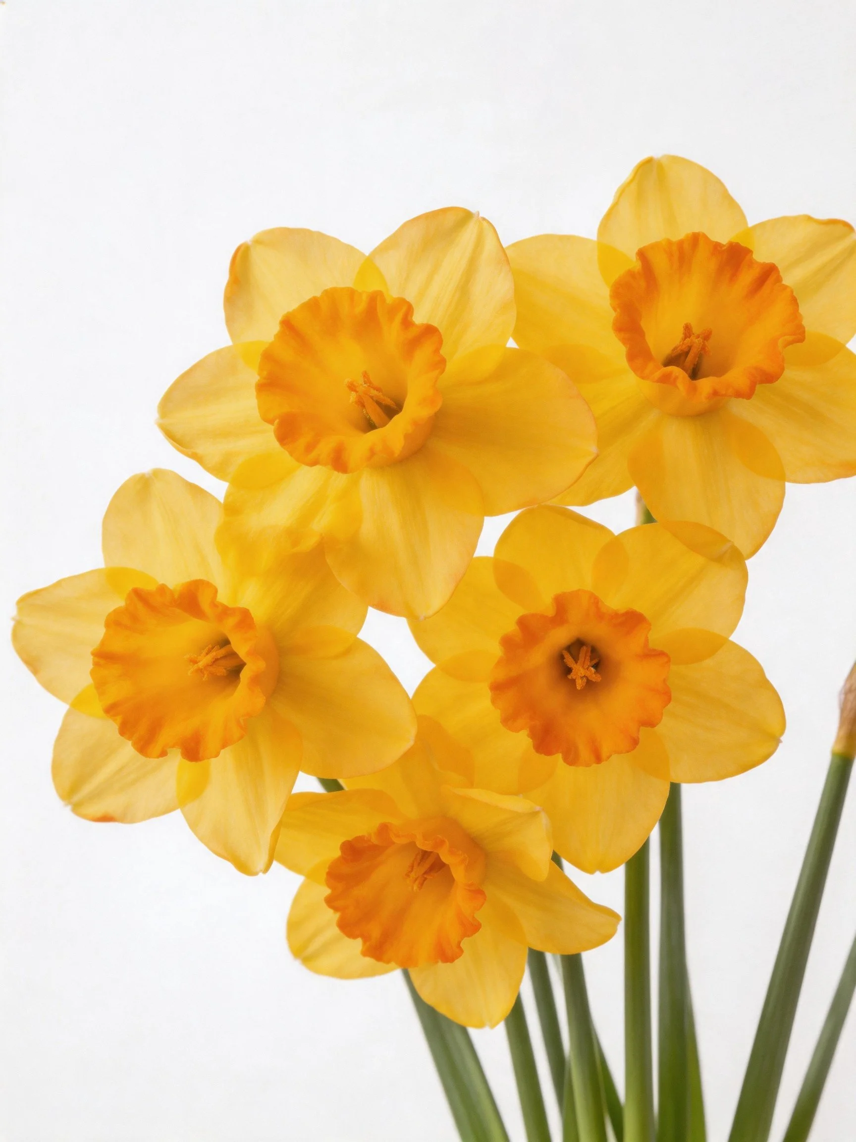 Six bright yellow daffodils with orange trumpet centers