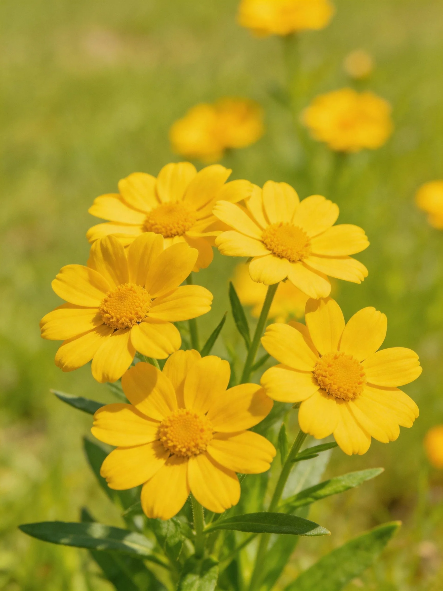 Six bright yellow flowers cluster amid green foliage