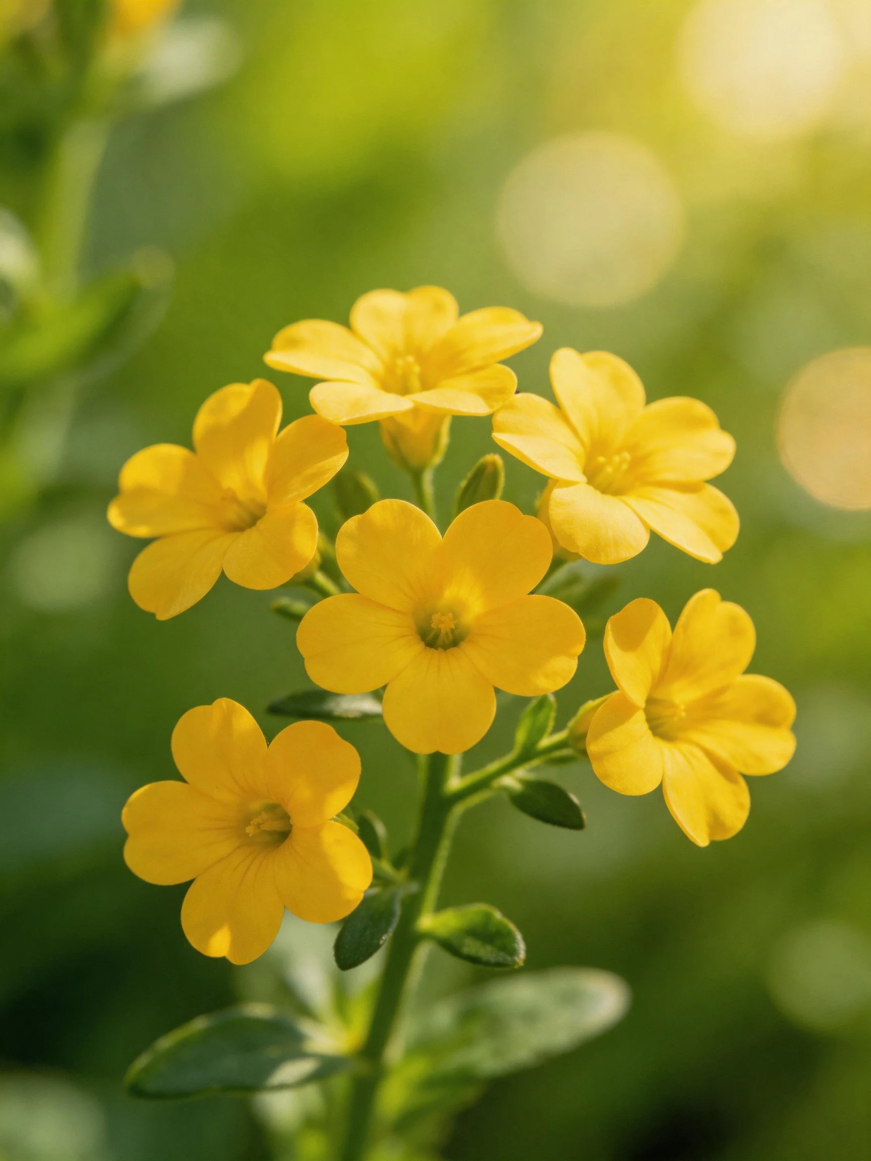 Six bright yellow flowers grouped on a green stem