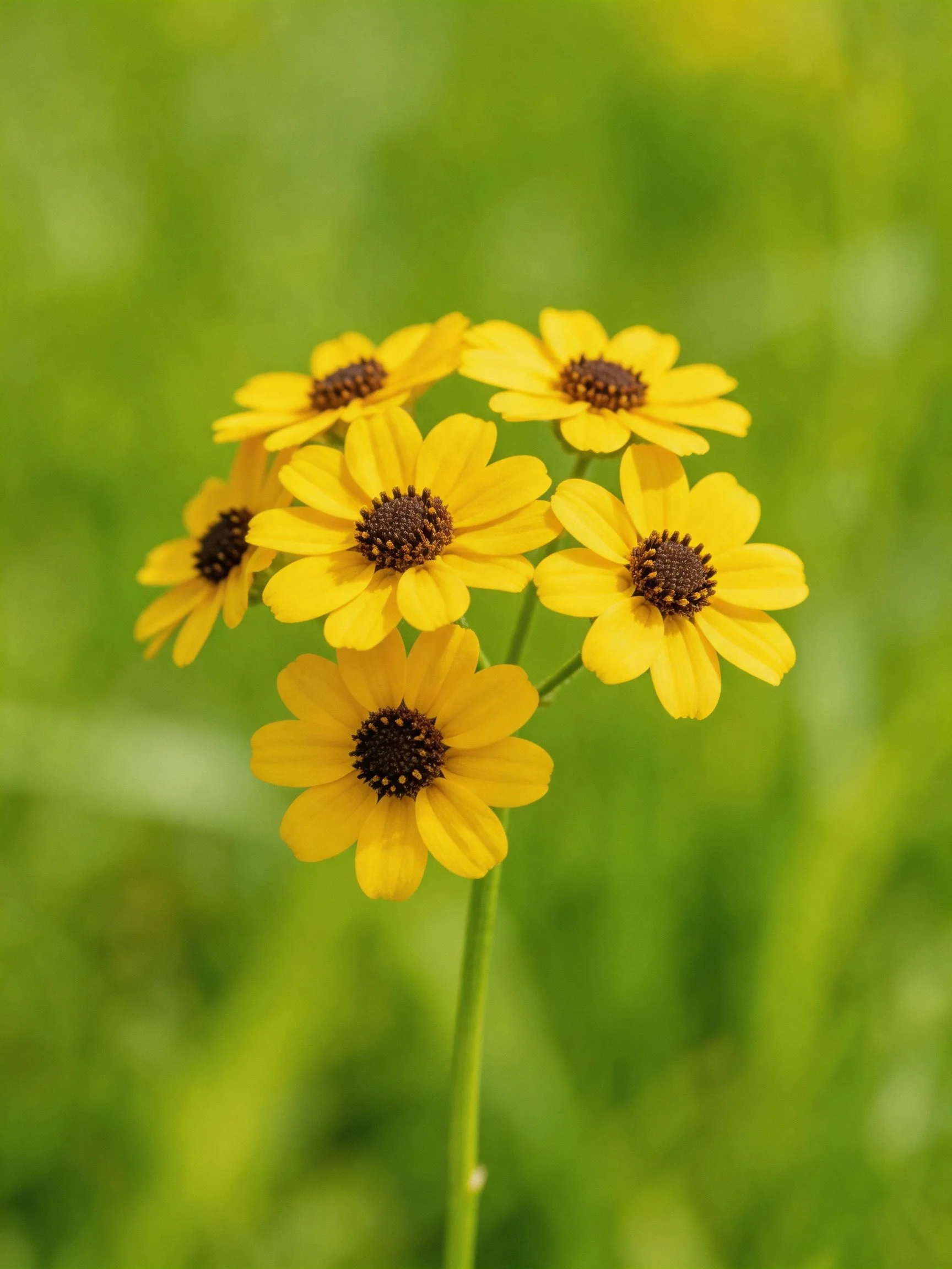 Six bright yellow flowers with dark centers against soft green blur