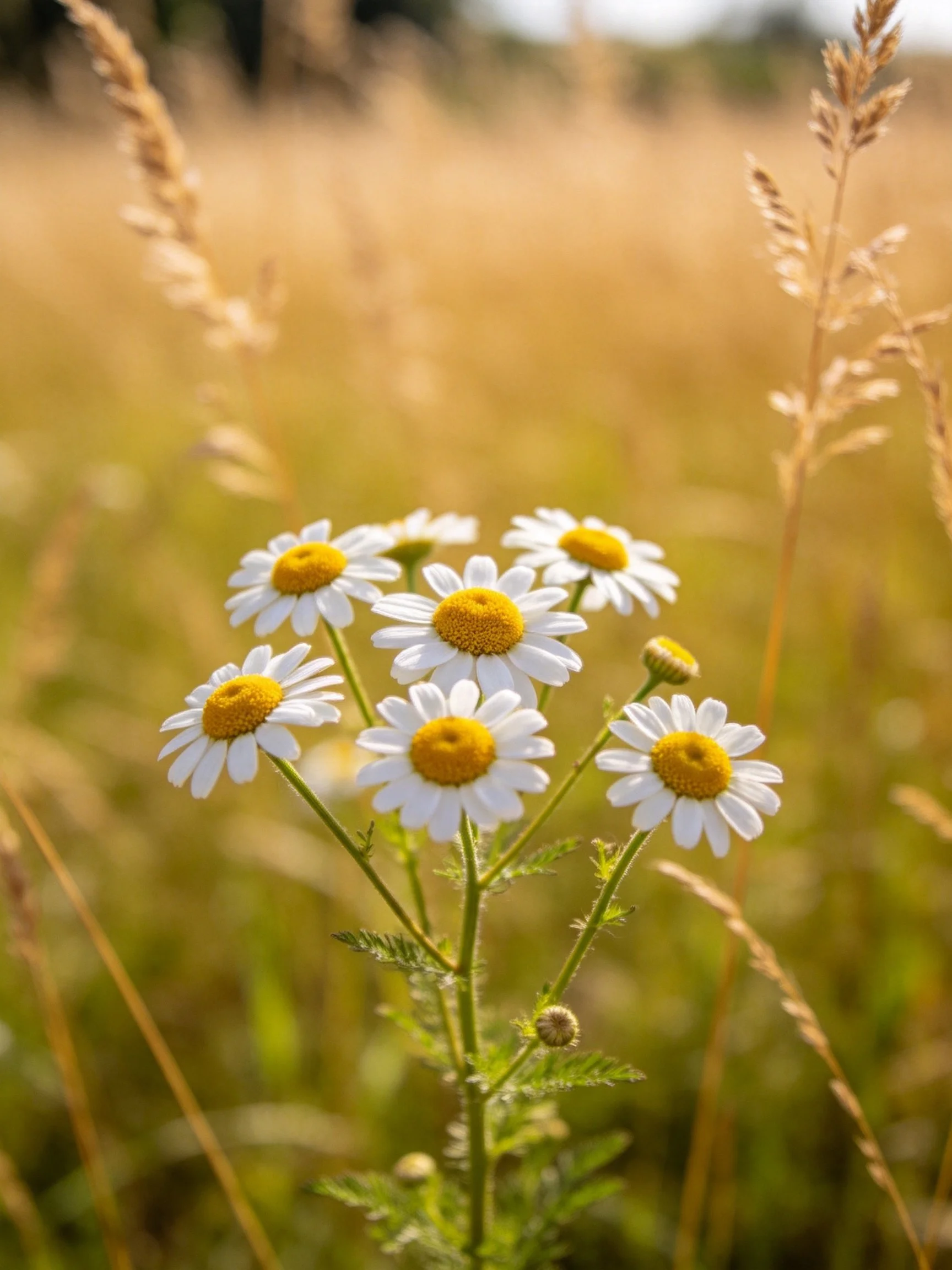 Six chamomile blooms with white petals and yellow centers amid golden grasses