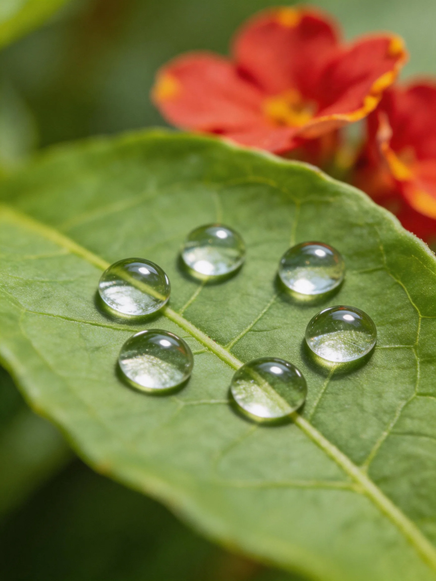 Six clear water droplets on a broad green leaf with red flowers